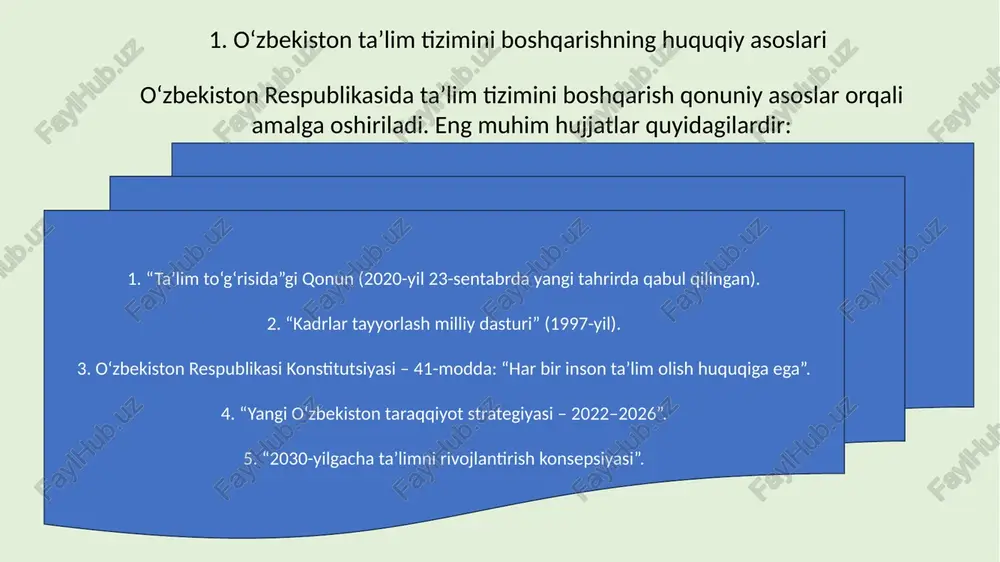 97. 4. yusupov e., mamatov a. “ta’lim tizimini boshqarish nazariyasi va amaliyoti”. – toshkent, 2021. 5. qodirov b., toshpo‘latov a. “innovatsion boshqaruv asoslari”. – toshkent: tdpu, 2020. 6. www.lex.uz – qonunchilik ma’lumotlari portali. 7. www.edu.uz – xalq ta’limi vazirligi rasmiy sayti. 8. www.uzedu.uz – o‘zbekiston respublikasi oliy ta’lim, fan va innovatsiyalar vazirligi portali. /docprops/thumbnail.jpeg mavzu: o’zbekiston respublikasi ta'lim tizimini boshgarishning o'ziga xos xususiyatlari