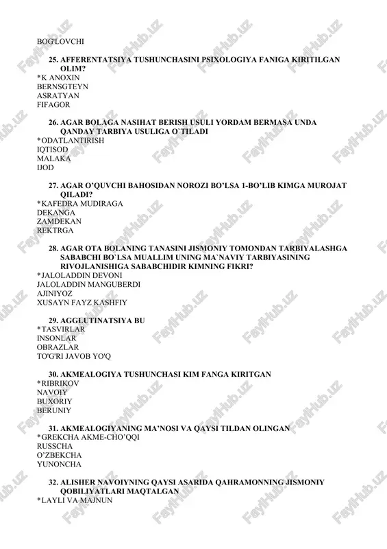 y vigotskiy konfusiy 47. avtomatlashgan ko`nikma nima? * tarbiya tasir harakat ijod 48. avtoritar uslubini aniqlang * o’zi yakka holda guruh faoliyatini yo’nalishini belgilaydi bolalarga e’tiborsizlik beg’am qaraydi boshqalar fikrini o’ziniki qilib oladi jamoa fikriga tayanib ish olib boradi 49. avtoritor texnologiya … * o`quv jarayonida pedagogning yagona sub`yekt sifatida namoyon bo`lishi o`quv jarayonidagi ob`yekt –sub`yekt vazifasi pedagog va talabalarning barcha mendagi harakati rolli o`yinlardan foydalanish 50. axborot – reseptiv usulda bilim qanday beriladi ? * talabalarga bilimlar tayyor holda beriladi balim qiyin qilib beriladi mustaqil beriladi bilim berish shart emas 51. axborot texnalogiyalarni darsga olib kirish avzalligi nimadan iborat deb o’ylaysiz? * talabalarning bilim olish darajasini oshirish talabalarni bilim olishini qiyinlashtirish darslarni murakkablashtirish yangilik kiritish 52. axborot texnologiyalari vositalarini pedagogikada qanday maqsadda qo`llash mumkin? * dars jarayonida interaktiv usullardan foydalanish yangilik yaratish bilim ni mustaxkamlash aloqa qilish uchun 53. axloqning yaxshi bo‘lishi taomning pokizaligi rostlik va omonatga xiyonat qilmaslik …