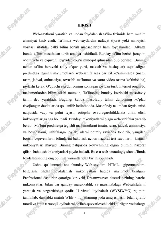i) to'liq ochiq ekanligini bildiradi. uning yordamida tashqi dasturchilar hamda dasturiy ta'minot bilan shug'ullanuvchi firmalar, dastur va uning interfeysiga radikal funksional o'zgartirishlar kiritishi: yangi uskuna qo'shish, menyu palitrasi yoki bo'limini yaratish, yangi obyekt yoki multimedia roligini dasturlashtirish va hokazolar. dreamweaver tizimi tarkibiga multimedia roliklarini qo'yishga mo'ljallangan qo'shimcha dastur kiradi, shuning uchun flash — texnologiyaning interfaol imkoniyatlarini tahrirlagichdan chiqmay turib ko'rib chiqish mumkin. i bob. html dasturi haqida tanishish 1.1-§ . htmlda teglar bilan ishlash html hypertext markup language (gipermatnli belgilash tili) degan ma’noni anglatadi va asosan web sahifalar asosini yozishda foydalaniladi. hypertext (gipermatn) web sahifalarda boshqasiga bog’lanishni anglatadi. shuningdek, web sahifadagi link (yo’llanma)lar ham hypertext deb ataladi. markup language esa oddiygina “belgilash” degan ma’noni anglatib, bu web brauzerga matnli kodlar yoki teglar orqali sahifa tuzilishini yozib berishni bildiradi. o’ziga xos tarzda html o’z tarkibiy qismlariga kiruvchi heading, paragraf, listlar kabi qismlarni yaxshi tushungan holda va kodlarni ham o’z o’rniga to’g’ri …