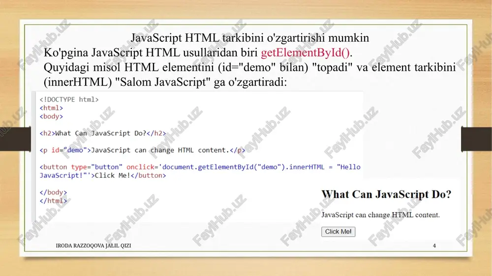 javascript can change html content. click me! what can javascript do? javascript can change html content. | click mel | what can javascript do? javascript can change html attribute values. in this case javascript changes the value of the src (source) attribute of an image. turn on the light "document . getelementbyid{( 'myimage').src='pic_bulbon.gif turn off the light what can javascript do? javascript can change html attribute values. in this case javascript changes the value of the sre (source) attribute of an image. tum on the light oe { tum off the light — — —_ ~ ae what can javascript do? javascript can change the style of an html element. click me! what can javascript do? javascript can change the style of an html element. javascript variables in this example, x, y, and z are undeclared. they are automatically declared when first used. x= 55 y = 8 z=xx4+y3 document …