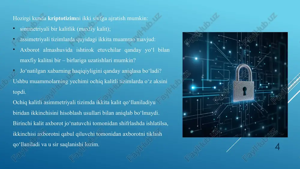 -kvant kriptografiyasidan foydalanishni o'z ichiga oladi. 1 2 3 2 1 3 gomomorf shifrlash va xavfsiz ko'p partiyali hisoblash sohasidagi yutuqlar, shuningdek, axborotni himoya qilishning kelajagini shakllantirmoqda va ma'lumotlarni xavfsiz almashish va qayta ishlashning yangi usullarini taklif qilmoqda. e'tiboringiz uchun rahmat image1.png image2.png shoydullo ochig matn shifrlash deshifilash algoritmi algoritmi ochig matn shifrlangan man
