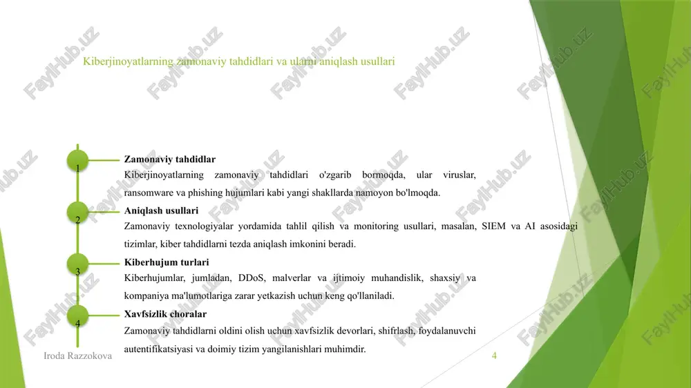 giyalar tahdidlarni aniqlash va oldini olish uchun asosiy vositalardir, bu esa shaxsiy ma’lumotlarni himoyalashda muhim rol o’ynaydi. 3 huquqiy va normativ chora-tadbirlar o‘zbekistonda kiberxavfsizlik va shaxsiy ma’lumotlarni himoyalash bo’yicha qonunlar va standartlar ishlab chiqilgan bo’lib, ular shaxsiy hayotni himoya qilishni ta’minlaydi. kiberjinoyatlar bilan kurashishda huquqni muhofaza qilish organlarining roli iroda razzokova 11 1 huquqni muhofaza qilish organlarining vazifalari ular kiberjinoyatlarni aniqlash, tergov qilish va jazolashda asosiy rol o'ynaydi, jinoyatchilarni ushlab, qonun buzilishining oldini oladi. 2 texnologik xavfsizlikni ta'minlash huquqni muhofaza qilish organlari muhim axborot xavfsizligini ta'minlash uchun kiberxavfsizlik strategiyalarini ishlab chiqadi, ehtiyot choralarini amalga oshiradi. 3 hamkorlik va xalqaro hamkorlik ular boshqa mamlakatlar va xalqaro tashkilotlar bilan hamkorlikda ishlaydi, kiberjinoyatchilikka qarshi samarali kurashish uchun ma'lumot almashadi. xulosa iroda razzokova 12 1 kiberjinoyatlarning asosiy turlari va ta'siri kiberjinoyatlar shaxsiy va moliyaviy ma'lumotlarni o'g'irlash, viruslar va phishing kabi xavflarni oshiradi, jamiyat va iqtisodga katta ta'sir ko'rsatadi. 2 zamonaviy tahdidlarni aniqlash va oldini …