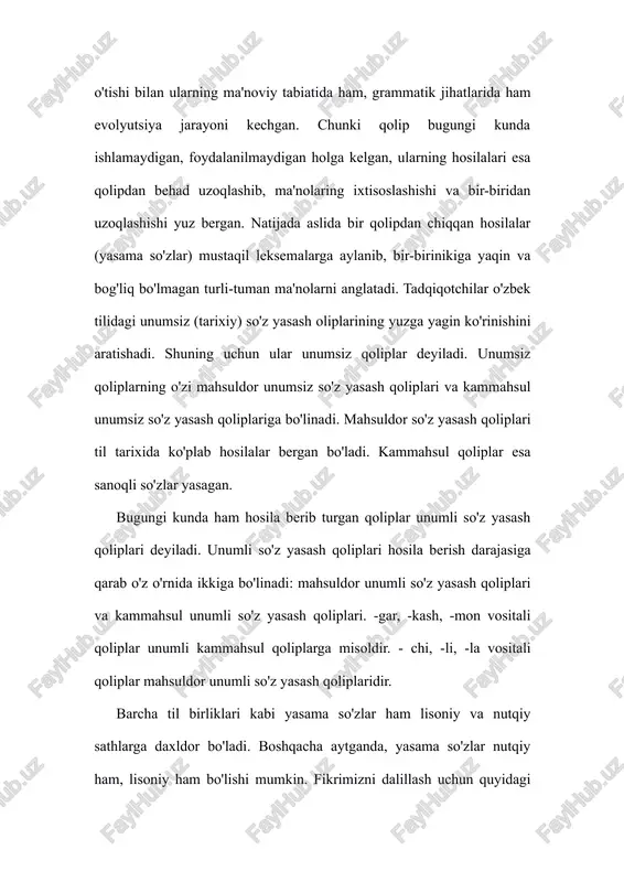 molliligi, favquloddaligi bilan birinchi guruhdan ajralib turadi. demak, birinchi guruh yasama so'zlari iftimoiy shartlanganlik xossasiga ega va shu boisdan yuqoridagi zikr etilgan birinchi tur belgilar ularing barchasi uchun umumiydir. ikkinchi guruh so'zlarida esa ular nutqiy hodisa ekanligi, endigina so'z yasash qolipidan chiqqanligi sababli, odatlanilma-ganlik, favquloddalik xossalari yaqqol bo'rtib turadi. ko'rinadiki, nutqiy yasama so'zlaring ayrimlari nutq bosqichidagina mavjud bo'lsa, ba'zilari o'zlarini chiqargan qoliplardan uzoqlashib, bir butun holda lisoniy sathga «ko'tarilib ketgan» bo'ladi. shundan kelib chiqgan holda aytish mumkinki, leksemalar tub yoki yasama bo'lishi mumkin. masalan, kitob, savdogar, nonchi birliklarini olaylik. qatordagi kitob va savdogar birliklari tayyorlik, umumiylik, iftimoiylik xossalariga ega. savdogar leksemasi yasama bo'lsa-da, tayyorlik belgisiga ham ega. biroq tilimizda nonchi degan lisoniy birlik yo'q. u non leksemasi va [anig ot+chi-otdan anglashidgan narsa/predmet bilan shug'ullanuvchi shaxs] qolipi asosida nutą jarayonidagina hosil qilinishi mumkin hamda yugoridagi birliklar ega bo'lgan xususiyatlardan xoli nonchi birligining nutq jarayonigagina xosligi uning tayyorlik belgisiga ega emasligini ko'rsatadi. …