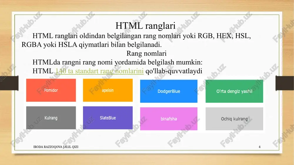 e uslublar uchun html atributidan foydalaning ichki css-ni anigqlash uchun html elementidan foydalaning tashqi css fayliga murojaat qilish uchun html elementidan foydalaning va elementlarini saqlash uchun html elementidan foydalaning color matn ranglari uchun css xususiyatidan foydalaning font-family matn shriftlari uchun css xususiyatidan foydalaning font-size matn o'lchamlari uchun css xususiyatidan foydalaning border chegaralar uchun css xususiyatidan foydalaning padding chegara ichidagi bo'sh joy uchun css xususiyatidan foydalaning margin chegaradan tashqarida bo'sh joy uchun css xususiyatidan foydalaning /docprops/thumbnail.jpeg