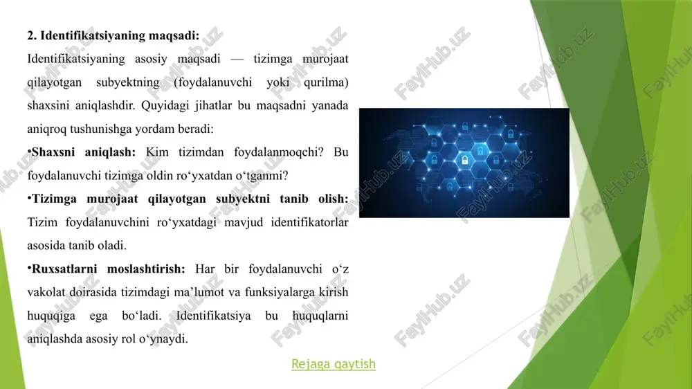 ta'minlaydi, lekin ko'plab foydalanuvchilar uchun nisbatan kamroq ishlatiladi. yechimlar: ikki faktorlu autentifikatsiya: biometrik autentifikatsiyani boshqa usullar bilan birlashtirish. 4. ko‘p bosqichli autentifikatsiya (multi-factor authentication, mfa): bu usulda bir nechta autentifikatsiya usullari birgalikda ishlatiladi, masalan: login + parol + telefon orqali sms kodi: bu, har bir foydalanuvchi faqatgina login va parolni bilishi yetarli emas, balki mobil telefonidan yoki boshqa qurilmalaridan kelgan tasdiqlash kodini ham kiritishi kerak. parol + barmoq izi: parolni bilgan shaxs, qo'shimcha ravishda biometrik skanerdan foydalanib, tizimga kira oladi. rejaga qaytish afzalliklari: xavfsizlikni oshiradi: agar bir usul buzilgan bo'lsa (masalan, parol o'g'irlangan bo'lsa), boshqa xavfsizlik qatlamlari himoya qiladi. tizimga kirishni cheklash: foydalanuvchilarni faqatgina yuqori darajadagi tasdiqlash bilan kirishga ruxsat berish xavfsizligini ta'minlaydi. yechimlar: mfa tizimlarini avtomatlashtirish: mobil qurilmalar va kompyuterlarda mfa tizimlarini avtomatik tarzda o'rnatish. 5. yangi usullar va rivojlanish tendensiyalari: hozirgi kunda autentifikatsiya usullari yanada rivojlanmoqda, masalan: behaviyal biometrik autentifikatsiya: foydalanuvchilarning harakatlarini yoki ma'lum bir tizimda ishlash tarzini …