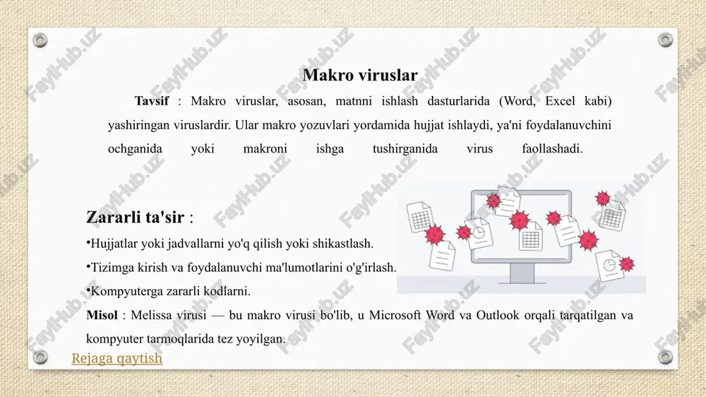 oya qilishingiz mumkin. kuchli bir parollar uchun uzun va murakkab parollarni yaratish (katta-kichik harflar, raqamlar va maxsus belgilarni aralashtirish). parollarni parol menejeri orqali saqlang, bu esa ularni boshqarishni osonlashtirish. ikki faktorli autentifikatsiyani yoqing, bu sizning hisoblaringizni qo'shimcha himoya qiladi. 8. zaxira (zaxira) yaratish tavsif : muhim fayllarni saqlash viruslar tizimiga zarar etkazganida ma'lumotlaringizni saqlab qoladi. fayllarni muntazam ravishda ushlab turish zerikarli . buni bulutli ichimlik (google drive, onedrive) yoki qattiq disk orqali amalga oshirishingiz mumkin. zaxira nusxalarini xavfsiz saqlang, viruslardan himoya qilish uchun ulardan xavfsiz saqlash tavsiya etiladi. rejaga qaytish 1. internetda ehtiyotkorlik bilan harakat qilish tavsif : internetda turli xil xavfsizliklar mavjud, va ko'plab viruslar foydalanuvchining ehtiyotsizligi dasturiy ta'minoti mavjud. shubhali saytlardan saqlaning : shubhali yoki noma'lum saytlarda yurganda, ular ko'pincha zararli dasturlarni o'z ichiga oladi. internetda faqat ishonchli va xavfsiz saytlarga kirishga harakat qiling. https protokoli bilan saytlarga kirishni afzal ko'ring. onlayn havolalarga odamlar bilan tiklagan : e-pochta, …