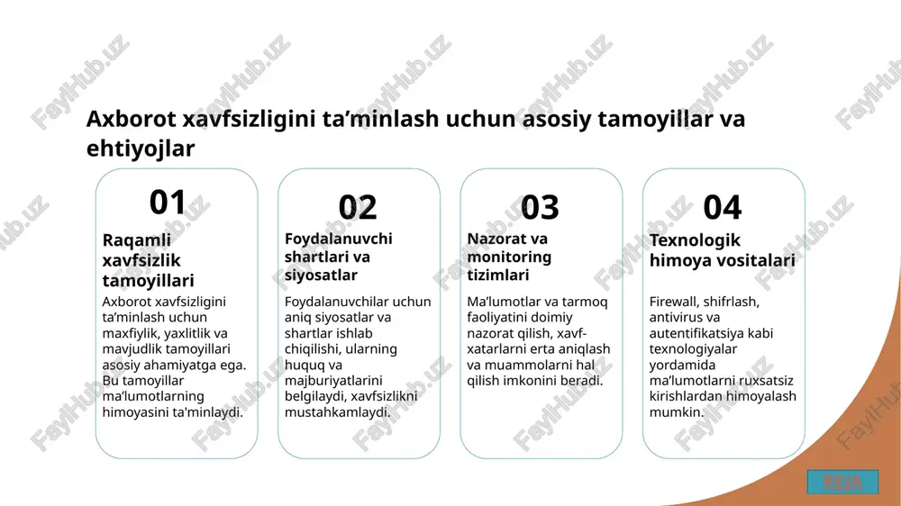 ruxsatsiz foydalanish va tarqatmaslik, xavfsizlik qoidalariga rioya qilish majburiyatiga ega. bu, tizimlarning barqarorligini ta’minlaydi. reja foydalanuvchilarning axborotni himoyalashdagi roli va mas’uliyatlari foydalanuvchi xavfsizligi huquq va majburiyatlar xabardorlik va ta’lim foydalanuvchilar shaxsiy ma’lumotlarni himoyalash va parollarni mustahkamlash orqali tizim xavfsizligini ta’minlashda muhim rol o’ynaydi, bu esa ma’lumotlarni ruxsatsiz kirishdan saqlaydi. foydalanuvchilar qonunlarga muvofiq axborotni himoyalash, shuningdek, xavfsizlik chora-tadbirlariga rioya qilish orqali o’z mas’uliyatlarini bajaradilar, bu esa umumiy xavfsizlikni oshiradi. foydalanuvchilar axborot xavfsizligi bo’yicha bilimlarga ega bo’lishlari va yangi xavf-xatarlar haqida xabardor bo’lishlari, muhim himoya choralarini qo’llashda yordam beradi. reja axborotni ruxsatsiz foydalanishdan himoyalash uchun yuridik va texnologik chora-tadbirlar 1 yuridik chora-tadbirlar qonunlar va normativ hujjatlar axborotni ruxsatsiz foydalanishga qarshi kurashda muhim rol o‘ynaydi. masalan, ma’lumotlarni himoyalash uchun maxsus qonunlar va jazo choralari mavjud. 2 texnologik himoya usullari shifrlash, kirish nazorati va xavfsizlik protokollari ma’lumotlarni ruxsatsiz kirishga qarshi muhim texnologik choralar hisoblanadi. bu usullar ma’lumotlarni himoya qilishda samarali. 3 foydalanuvchi mas’uliyati foydalanuvchilar …