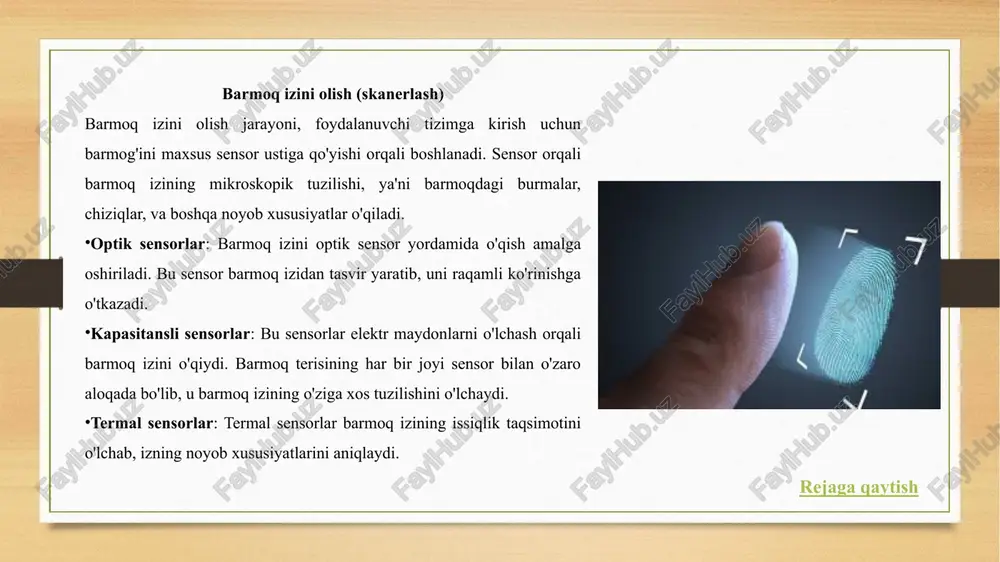 ng shaxsiy hayoti xavf ostida qolishi mumkin. agar biometrik ma'lumotlar biror tizimda saqlansa va tizim o'g'irlanadigan bo'lsa, foydalanuvchilarning shaxsiy identifikatsiyasi yoki shaxsiy ma'lumotlari zarar ko'rishi mumkin. narx va texnologik cheklovlar: barmoq izini skanerlash va o'qish uchun yuqori sifatli sensorlar va texnologiyalar talab qilinadi. bu esa kichik bizneslar uchun yoki kam byudjetli tizimlar uchun qimmatga tushishi mumkin. ba'zi eski qurilmalarda barmoq izini aniqlash texnologiyasi kam rivojlangan bo‘lishi mumkin, bu esa tizimning samarali ishlashiga to‘siq bo‘lishi mumkin. foydalanuvchi salomatligi bilan bog'liq cheklovlar: ba'zi foydalanuvchilar sog'lig'ida barmoq izining to‘liq yoki aniq o'qilishiga to'sqinlik qiluvchi muammolar bo'lishi mumkin (masalan, terining kasalliklari yoki shikastlanishlar). rejaga qaytish 3. barmoq iziga asoslangan autentifikatsiya usulining qo'llanilishi va kelajakdagi rivojlanish imkoniyatlari barmoq iziga asoslangan autentifikatsiya usulining qo'llanilishi barmoq iziga asoslangan autentifikatsiya tizimi turli sohalarda keng qo'llanilmoqda. bu tizimning xavfsizlikni ta'minlashdagi samaradorligi uni ko'plab hududlarda ishlatishga imkon beradi. quyida ushbu autentifikatsiya usulining asosiy qo'llanilish sohalari keltirilgan: mobil qurilmalar va smartfonlar: …