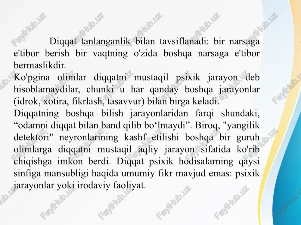 ni jamlashda qiynalayotganidan shikoyat qiladilar. “u bolaligida yaxshiroq edi, o‘zi soatlab o‘ynay olardi, lekin hozir uni uy vazifasini bajarish uchun o‘n daqiqa ham o‘tirolmaysiz”, deyishadi. bu hodisani qanday tushuntira olasiz? vazifa 2. bir kuni o'qituvchini odatda dars paytida ozgina chalg'itadigan bolalarda e'tiborning keskin pasayishi hayratda qoldirdi. faqat keyinroq u stol ustidagi yorqin rangdagi o‘yinchoqlar sabab bo‘lganini tushundi. ma'lum bo'lishicha, bolalar ularga tikilib, o'qituvchiga e'tibor bermayapti. 1. ushbu vaziyatda qanday turdagi e'tibor namoyon bo'ldi? 2. o'qituvchiga qanday maslahat berasiz? vazifa 3. misha k. o'qituvchiga yuzma-yuz o'tiradi. u xotirjam, nigohi derazaga, to‘g‘rirog‘i, hovliga qadalgan. misha sinfdagi tartibni hech qanday tarzda buzmaydi, lekin u darsga e'tibor bermaydi. talabalardan biri doskada xato qiladi va butun sinf kulib yuboradi. misha ham xotirjam, derazadan tashqariga diqqat bilan tikiladi. o‘qituvchi ham u yerga qaraydi. hovlida futbol o‘ynayotgan o‘g‘il bolalarni ko‘radi. ular qizg'in bahslashmoqda, darvozabonlardan biriga nimanidir isbotlamoqchi. misha ham jahli chiqib, nimadir deb baqirmoqchi. o'qituvchi savol beradi. …