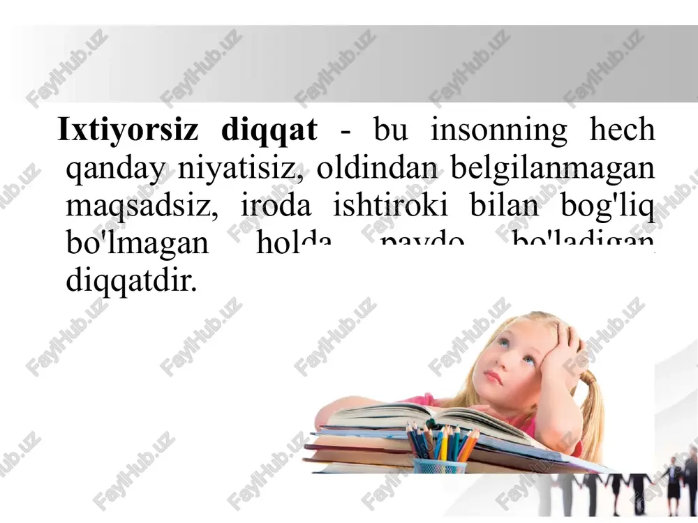 ligi va tanlab olish qobiliyatini, fikrning diqqat markazidaligi va unumdorligini, bir so'z bilan aytganda, barcha kognitiv faoliyatning sifati va natijalarini belgilaydi. pertseptiv jarayonlar uchun diqqat o'ziga xos kuchaytirgich vazifasini bajaradi, bu bizga tasvirlarning tafsilotlarini aniqlash imkonini beradi. inson xotirasi uchun diqqat qisqa muddatli va ishchi xotirada tegishli ma'lumotlarni saqlashga qodir bo'lgan omil, shuningdek yodlangan materialni uzoq muddatli xotiraga o'tkazish uchun zarur shartdir. fikrlash uchun diqqat muammoni to'g'ri tushunish va hal qilish uchun zarurdir. shaxslararo munosabatlarda e'tibor o'zaro tushunish, moslashish va shaxslararo nizolarning oldini olish va o'z vaqtida hal qilishga yordam beradi. uy vazifasi: diqqat nima? diqqat boshqa kognitiv jarayonlardan nimasi bilan farq qiladi? inson e'tiborining rivojlanishini nima belgilaydi? boshlang'ich sinf o'quvchilariga tegishli bo'lgan doimiy diqqatning qanday amaliy belgilari bor? rasmlarda nima ko'rsatilgan? tasvir ma'lumotlarini tahlil qilishda qanday kognitiv jarayonlar ishtirok etadi? e’tiboringiz uchun rahmat! image1.jpeg image2.jpeg image3.jpeg image4.jpeg image5.jpeg image6.png /docprops/thumbnail.jpeg diqqat: turlari va xususiyatlari mepah