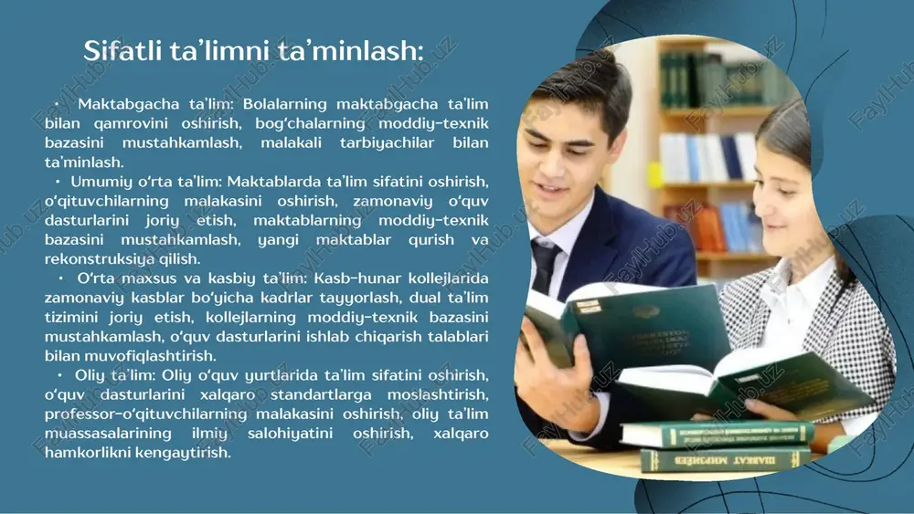 ʻshimcha ustuvor yoʻnalishlar va amaliy chora‑tadbirlar - taʼlim infratuzilmasini yangilash va kengaytirish - maktablarni rekonstruksiya qilish, yangi sinfxonalar, zamonaviy isitish, sanitariya‑gigiye‑sharoitlar. - namangan tumanlarida maktabga kirish masofasi uzun bo‘lgan hududlar uchun modul (konteyner) sinfxonalar yoki maktab avtobuslarini tashkil etish. - raqamli taʼlim va it infratuzilmasini rivojlantirish - har bir maktabda internet va raqamli sinf jihozlari, o‘qituvchilarga e‑o‘qitish bo‘yicha doimiy treninglar. - elektron o‘quv resurslarini lokallashtirish (o‘quv dasturlari, videodarslar, test bazalari). - pedagoglarning malakasini doimiy oshirish - mentorlik, onlayn magistratura kurslari, xalqaro hamkorlik asosida pedagogik kompetensiyalarni rivojlantirish. - qishloq hududlarida ishlovchi oʻqituvchilar uchun stipendiya va moddiy rag‘batlar. - makhsus va inklyuziv taʼlimni rivojlantirish - nogironligi bor bolalar uchun resurs markazlari va maxsus taʼlim xonalari, reabilitatsiya xizmatlarini kengaytirish. - kasb‑taʼlim va mehnat bozoriga yo‘naltirish (dual taʼlim) - mahalliy sanoat va qishloq xo‘jaligi korxonalari bilan hamkorlikda kasb‑tayyorlov markazlari, stajirovkalar va ishga yo‘naltirish dasturlari. - taʼlim orqali bandlik va tadbirkorlikni rag‘batlantirish - oliy va …