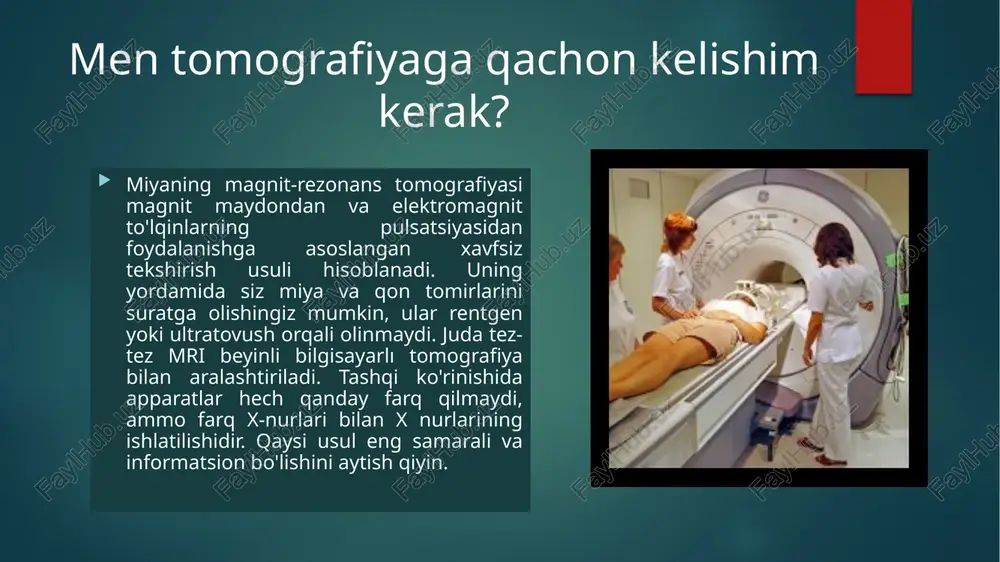 a ega bo’lgan, lekin olingan tasvirlarning sifati past edi. zamonaviy tomograflar kuchli magnit maydoni hosil qiladigan manbalarga ega. bunday manbalarga elektromagnitlar (odatda 1-3 tl gacha, ba’zi hollarda 9,4 tl gacha) va doimiy magnitlar (0,7 tl gacha) kiradi. mrtdan oldin va uning davomida tadqiqotdan oldin barcha metall buyumlarni yechish, tatuirovka va dorivor plastirlarni tekshirish kerak. mrt skanerlash davomiyligi odatda 20-30 daqiqa davom etadi, ammo ba’zi hollarda uzoqroq davom etishi ham mumkin. masalan, qorin bo’shlig’ini skanerlash miyani skanerlashdan ko’ra ko’proq vaqt talab etadi. mr tomograflari juda baland shovqinga sabab bo’lganligi sababli, quloqni himoya qilish moslamalari qo’llaniladi (quloq yopgich yoki minigarnituralar). ba’zi tadqiqotlar uchun intravenoz (vena ichiga) kontrast modda yuborish talab etiladi. bemorlarga mrt ga tushishidan oldin quyidagilarni so’rab aniqlashtirish tavsiya etiladi: skanerlash qanday ma’lumot berishi va bu davolashga qanday ta’sir ko’rsatishi; mrt o’tkazishga qarshi ko’rsatmalar mavjudligi; kontrast qo’llaniladimi va nima uchun kerakligi; skanerlash qancha davom etishi; qo’ng’iroq tugmasi qayerda va skanerlash paytida …