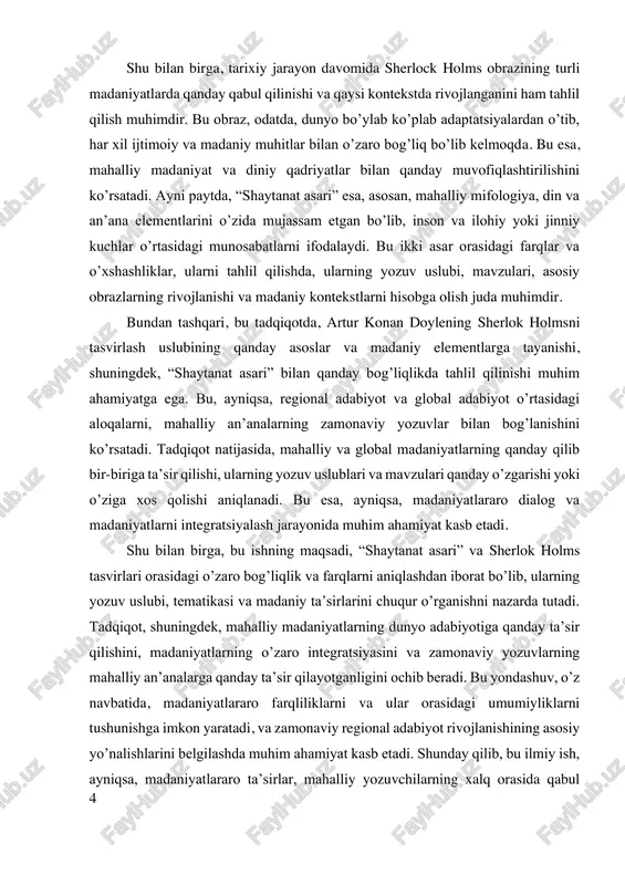 tga munosabati. maqsadi kurs ishining asosiy maqsadi – ikki turli adabiy maktabga mansub, ammo o‘ziga xos kuchli obrazlar – asadbek va sherlok xolmsni taqqoslab, ularning o‘ziga xos jihatlari va jamiyatdagi o‘rni haqida xulosalar chiqarish. vazifalari har ikkala asarning mazmuni va yaratilish tarixini o‘rganish. asadbek va sherlok xolms obrazlarini tahlil qilish. ularning tafakkuri, fe’l-atvori va jamiyatdagi roli bo‘yicha o‘xshash va farqli jihatlarni aniqlash. yozuvchilar qanday g‘oya va mafkurani ilgari surganini tahlil qilish. o‘rganilganlik darajasi “shaytanat” asari zamonaviy o‘zbek adabiyotida keng muhokama qilingan bo‘lsa-da, uni chet el adabiyoti namunasi – xususan, “sherlok xolms” hikoyalari bilan qiyosiy tahlil qilish hali yetarlicha ilmiy tadqiq etilmagan. shuning uchun bu mavzu ilmiy-nazariy hamda amaliy jihatdan dolzarb hisoblanadi. 6 1-bob. artur konan doylening sherlok holms asari va tohir malikning shaytanat asari haqida umumiy ma'lumotlar. artur konan doylining sherlok holms asari haqida. muallif: artur konan doyl (1859–1930) — shotland yozuvchisi va shifokor. asar turkumi: detektiv hikoyalar va romanlar. …