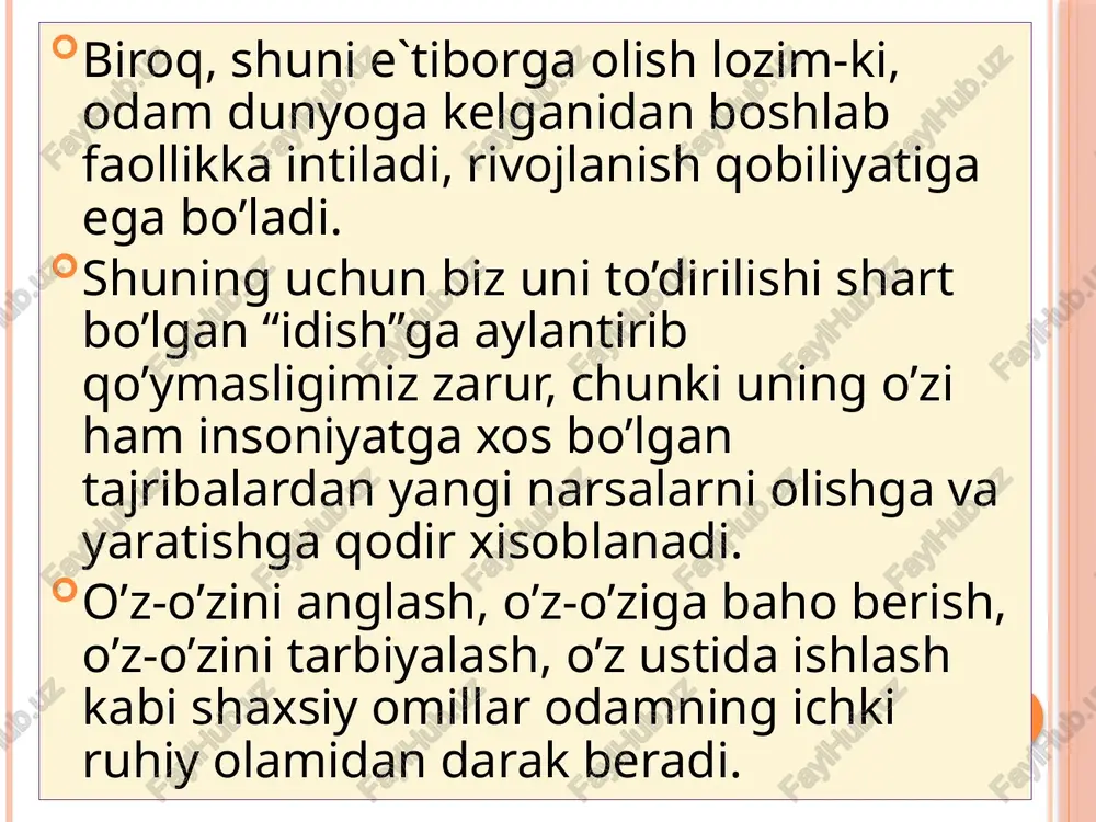 lik bilan o’z tanlovini izlay boshlaydi. turli sinov harakatlari va hatoliklardan iborat mashqlar orqali hayvonda muammoli vaziyatdan chiqish yo’llarini topish ko’nikmalari paydo bo’ladi. samaradorlik qonuni muayyan bir vaziyatda qoniqish hissini yuzaga keltiradigan har qanday harakat akti (faollik), assotsiatsiyalashadi(bir-biriga bog’lanadi) hamda vaziyat takrorlanganda aynan unga mos keladigan harakat aktining paydo bo’lish ehtimoli ortadi. assotsiativ yuksalish qonuni qo’zg’atgichlarni bir vaqtning o’zida ta’sir ko’rsatishida, ulardan biri reaksiyani hosil qiladi, qolganlari ham aynan shu reaksiyani yuzaga keltirish qobiliyatiga ega bo’lib boradi. mashq qonuni bir hil shart-sharoitlardagi muammoli vaziyatga nisbstan javob reaksiyasi, takrorlash chastotasi va kuchiga to’g’ri proporsionaldir. tayyorgarlik qonuni mashqlar organizmning javob reaksiyalariga bo’lgan tayyorgarligini o’zgartiradi. uotson jon (1878-1958) amerikalik psixolog, bixeviorizm oqimining asoschisi, ushbu oqimning manifesti sifatida j.uotsonning – «bixeviorist nuqtai-nazarida psixologiya» (1913 yil) nomli maqolasi e’tirof etiladi. bixeviorizm individ(xayvon va odam)ning tug’ilganidan to umrining oxirigacha xulqini o’rganishni taklif etadi. s r xulqni tahlil qilish birligi sifatida s – stimul va r – …