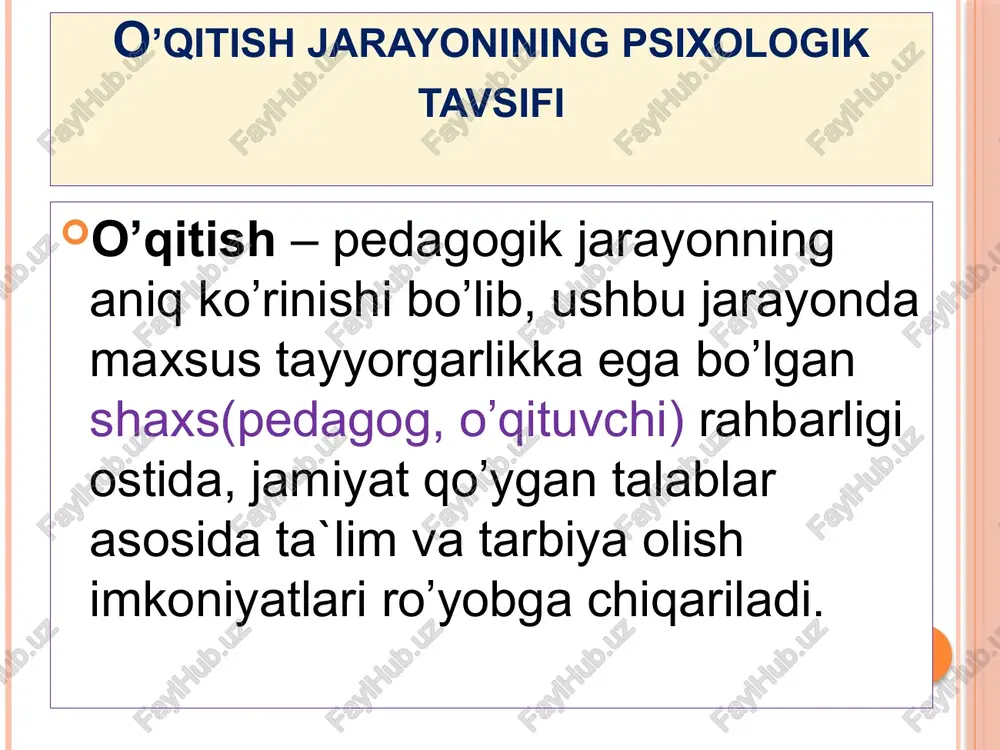 hadi. ushbu vaziyatda “qaytarma aloqa”ning mavjudligi, auditoriyaning javob reaksiyasini qabul qilish va zarur bo’lsa tuzatish kiritish imkonini beradi. dars jarayonidagi o’quv vaziyatlarida o’qituvchining shaxsiy sifatlari hamda auditoriyaga emotsional ta`sir ko’rsata olishi yaqqol ifodalanadi. o’qituvchi nutqi bir nechta belgilar tizimidan foydalanishni ko’zda tutadi: - lingvistik(til); - paralingvistik(ohang); - kinetik(yuz ifodasi, imo-ishoralar, qo’l va gavda harakatlari). o’qituvchi dars jarayonida o’zi ta`lim berayotgan auditoriya vakillari (o’quvchilar, talabalar)ning tarkibi, yoshi, o’ziga xos jihatlari haqida muayyan bir tasavvurga ega bo’ladi. o’qituvchi ta`lim oluvchining faolligini oshirish uchun qiziqarli misollar, aqliy mashqlar, mantiqiy o’yinlardan keng foydalanishi lozim. alohida qayd etish talab etiladigan yana bir muhim jihat shuki, o’quv faoliyatida egallanadigan bilim har doim ham yorqin, qiziqarli bo’lavermaydi, shu sababli, o’quvchilarda iroda, qat`iylik, mehnatsevarlikni shakllantirish juda zarur. aynan ushbu sifatlar: o’quvchining kelgusida o’z-o’zini nazorat qilish, o’z-o’zini baholash va mustaqil ta’lim olishiga zamin yaratib beradi. psixologiya kursidan ma`lumki, maqsad – bu faoliyatning so’nggi natijasi(uning miyadagi obrazi) sanaladi. o’quv faoliyatini …