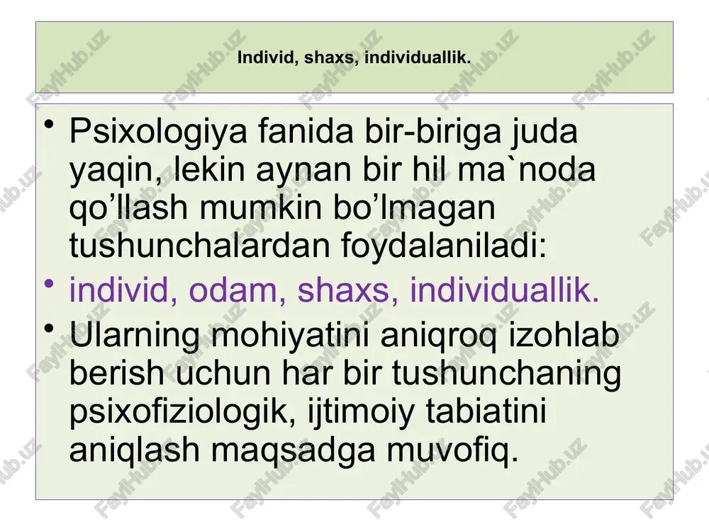 nalitik institutini tashkil etdi va qator kitoblar (“bizning davrdagi nevrotik shaxs” (1937), “bizdagi ichki nizolar” (1945), ”nevrozlar va odamning rivojlanishi”(1950))kabilarni nashrdan chiqardi va shu orqali freydning biologik yo’nalishini tanqid ostiga oldi. nevrozlarning vujudga kelish sabablarini ochib berish uchun, deb ko’rsatadi xorni, - ijtimoiy voqelik(ijtimoiy muxit)ga murojaat etish kerak. emil dyurkgeymning fikriga ko’ra, rivojlanish orqali bola insoniyat to’plagan tajribalar, urf-odatlar va an`analarni o’zlashtirib boradi. bu jarayon, taqlid qilish orqali kechadi. vilyam shtern bola psixikasining rivojlanishiga oid o’z qarashlarini “ilk bolalik psixologiyasi” asarida ko’rsatib o’tadi. “ruhiy taraqqiyot, - deb yozadi u, - tug’ma xislatlarning sodda tarzda aks etishi emas, shu bilan birga tashqi qo’zg’atuvchilarni oddiy idrok etish ham emas, balki rivojlanishning tashqi shart-sharoitlari va ichki imkoniyatlari “konvergensiyasi” natijasi xisoblanadi”. rossiya(sobiq ittifoq) psixologiya maktablarida shaxs tuzilishiga doir bir qator manbalar keltirilgan. jumladan, s.l.rubinshteyn bo’yicha shaxs tuzilishi quyidagi ko’rinishga ega: yo’nalganlik – ehtiyojlar, qiziqishlar, ideallar, e’tiqod faoliyat va xulqning ustuvor motivlari hamda dunyoqarashlarda ifodalanadi. …
