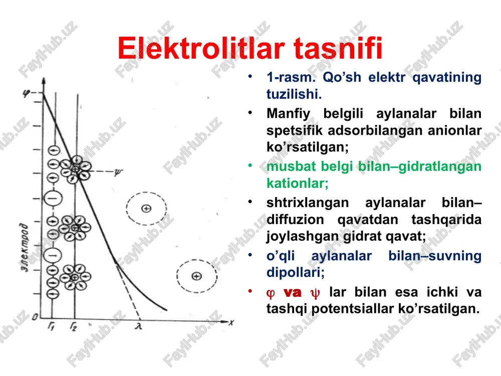a qaytarilishi mumkin. bunda platina musbat zaryadlanadi, eritmada esa ortiqcha anion hisobiga manfiy zaryad paydo bo’ladi (masalan, fecl3 dan cl), shuningdek keyingi elektronlarni tortib olishi borgan sari qiyinlashib boradi va nihoyat musbat zaryadlangan elektrod va anionlar qavati orasida muvozanat o’rnatiladi. elektrod potentsiallar shunday qilib, kimyoviy reaktsiyasi boradi. shuningdek, unga qarama-qarshi reaktsiya ham borishi mumkin: elementni ulaganda reaktsiyaning u yoki bu yo’nalishi bitta elektrodning tabiatiga emas, balki galvanik elementning ikkala elektrodiga bog’liq. elektrodni eritmadan chiqarib olish eritmani boshlang’ich holatga qaytaradi. qo’sh qavatdagi ionlarni ko’pincha potentsial hosil qiluvchi ionlar deyiladi. standart potentsiallar. nernst tenglamasi ikkita elektroddan iborat bo’lgan va elektrodlardan birining potentsiali aniqlanishi kerak bo’lgan, ikkinchi elektrodning potentsiali esa nolga teng deb olingan galvanik elementning eyuk si elektrodning standart potentsiali hisoblanadi. standart potentsiallar. nernst tenglamasi potentsiali nolga teng deb olingan elektrod sifatida standart sharoitlardagi normal vodorod elektrodi xizmat qiladi. elektrod potentsiallarining absolyut qiymatlari noma’lum. vodorod elektrodining standart potentsiali har qanday haroratlarda nolga …