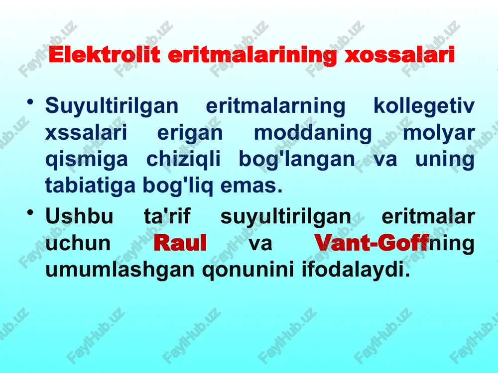 ius quyidagi ifodani taklif qildi, bu erda -dissosilanuvchi ionlarning soni. dissosiasiya konstanta xarakterizuet sposobnost slabogo elektrolita raspadatsya na ioni elektrolitik dissosilanish nazariyasini tajribaviy asoslash dissosilanishda bir xil ionlar hosil qiluvchi barcha elektrolit eritmalari (kislota va ishqorlarning eritmalari) o'xshash xossalarni namoyon qiladi. tarkibida bir xil rangli ionlarni tutuvchi elektrolit eritmalari bir xil yutilish spektrlariga ega. massalar ta'siri qonunini elektrolit eritmalaridagi muvozanatga qo'llab, arrenius nazariyasini tekshirish uchun natijalar olindi. elektrolitik dissosilanish nazariyasini tajribaviy asoslash misol uchun sirka kislotasining elektrolitik dissosilanish jarayonini ko'rib chiqamiz: ch3coohch3-+h+ massalar ta'siri qonuni bo'yicha ushbu jarayon uchun quyilagicha deb yozishimiz mumkin 36 vilgelm ostvald (ostwald w.f.) (2.ix.1853 - 4.iv.1932) zakon razbavleniya ostvalda k ~ α2 c stepen dissosiasii vozrastaet pri razbavlenii rastvora k = α2 c/ 1- α α 0,357 nm bo'lsa, ionlarni izolyasiyalangan deb hisoblasa bo'ladi. real eritmalarning xossalarini ifodalashda ideal eritmalarning sodda munosabatlaridan foydalanish mumkin bo'lishi uchun 1907 yil lyuis effektiv konsentrasiya, ya'ni aktivlik degan formal …