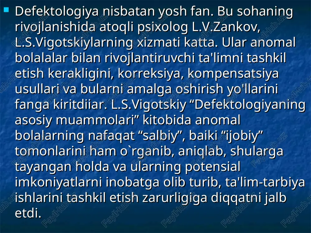 a hamda jismoniy rivojlantirish ishiarining mazmuni tuzatishga yo'naltirilishi kerak. oligofrenopedagogika fanining dastlabki boshlang'ich davri aqli zaiflikni o'rganish, asosan, 1926-yillarga to'g'ri keladi. l.s.vigotskiy oligofrenopedagogika fanining asoschisi hisoblanadi. u o'z maslakdoshlari bilan hamkorlikda aqliy nuqsonga ega bo'lgan bolalarga ta'lim-tarbiya berishni nazariy hamda amaliy tomondan asoslab bergan. bu kasallik turli sabab-oqibat natijasida bolaning bilish faoliyatlari keng ma'noda buzilib, aqliy rivojlanish tezligi, samaradorligi pasayadi. bosh miya kasalliklarining kelib chiqishiga ko'ra ularni endogen va ekzogen sabablarga bo'lishimiz mumkin. homila davrida turli ta'sir etuvchi infeksiya, intoksikatsiya va turli jarohatlar; tug'ilish vaqtidagi turli jarohatlar; chaqaloqning ilk yoshida salbiy ta'sir etuvchi yuqumli intoksi­ katsiya, ovqatlanishning buzilishi, tashqi ta'sir (ekologiya) va boshqalar; -turli irsiy yo'l bilan avloddan avlodga o'tadigan gen, xromosoma kasalliklari. inklyuziv ta’lim inklyuziv ta’lim alohida ta’lim ehtiyojlari va individual imkoniyatlarning xilma-xilligini hisobga olgan holda barcha ta’lim oluvchilar uchun ta’lim tashkilotlarida ta’lim olishga bo‘lgan teng imkoniyatlarni ta’minlashga qaratilgan. jismoniy, aqliy, sensor (sezgi) yoki ruhiy nuqsonlari bo‘lgan bolalar (shaxslar) …