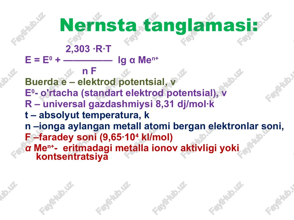 arasiga ega bo'lgan galvanik elementlardir. ion tashimaydigan galvanik elementlar bo'lib, ularda eritmalar o'rtasida chegara yo’q. eslatma: galvanik elementlarning katta qismi ionlarni tashuvchi elementlar guruhiga kiradi. ion tashimaydigan elementlarda diffuziya potentsiali umuman bo'lmaydi. * * masalan: ion tashimaydigan galvanik elementlar bo'lib. vodorod va kumushxlorid elektrodidan galvanik elementni ko’rib chiqamiz. eslatma: vodorod elektrodi kationga nisbatan qaytar kumushxlorid elektrodi anionga nisbatan qaytar agar biz o'xshash elementlarni turli konsentratsiyali eritmalar bilan birlashtirsak, ion o'tkazilmaydigan konsentratsiya elementini olamiz: * * quriq galvanic elementlar quruq elementning anodi sifatida ruxda yasalgan qobiq ilatiladi(1), katod - grafitli sterjiin 2 2 marganets (iv) oksidi va ko'mir chiplari aralashmasiga botiriladi 3. elektrolit ammoniy va sink xloridlarning bo’tqasiga o'xshash aralashmasi 4. rux-marganets elementi a(-): zn - 2ē → zn2+ k(+): 2mno2 + 2nh4+ + 2ē → mn2o3 + 2nh3 + h2o e = 1,5 v 1 2 3 4 * * oksidlanish-qaytariliah reaksiyalari(oqr) yo'nalishi oqr elektrokimyoviy yoki prbirkalarda olib borish mumkin. …
