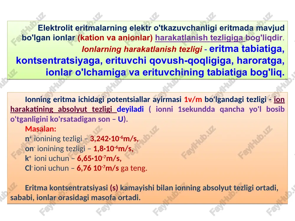 azuvchi). bu metodning kamchiligi- murakkab asboblar talab etiladi, hisoblashga ko'p vaqt ketadi. ayrim ionlarning suvli eritmadagi molyar harakatchanligi (t=298 k) ion l x 104, om-1 m2/mol ion l x 104, om-1 m2/mol h+ 315 ag+ 61,9 li+ 36,6 cl- 76,3 na+ 50,1 ch3coo- 40,9 k+ 73,5 oh- 198,3 konduktometrik titrlash hajmiy analiz usullaridan biri bo'lib, bu usulda neytrallash nuqtasi indikatorlar vositasi bilan emas, elektr o'tkazuvchanlikni o'lchash orqali aniqlanadi. bu usulning afzal tomonlari rangli, loyqa va agressiv muhitlarda ham qo'llash mumkinligidir. bundan tashqari, konduktometrik usul bilan bir qancha eritmani, masalan, bir necha kislota aralashmasini bir yo'la titrlab, har bir kislota miqdorini aniqlash mumkin. ionlarning molyar harakatchanligi qiymatlarini tahlil qilib, quyidagi qoidalarni keltirib chiqarish mumkin: 1.teng kontsentratsiyali kuchli kislota yoki kuchli asosning elektr o'tkazuvchanligi ular tuzi elektr o'tkazuvchanligidan katta. 2.teng kontsentratsiyada kuchsiz kislota va asosning elektr o'tkazuvchanligi uning tuzi elektr o'tkazuvchanligidan kichik. shuning uchun kislota eritmasini asos eritmasi bilan titrlashda ekvivalent nuqtada …