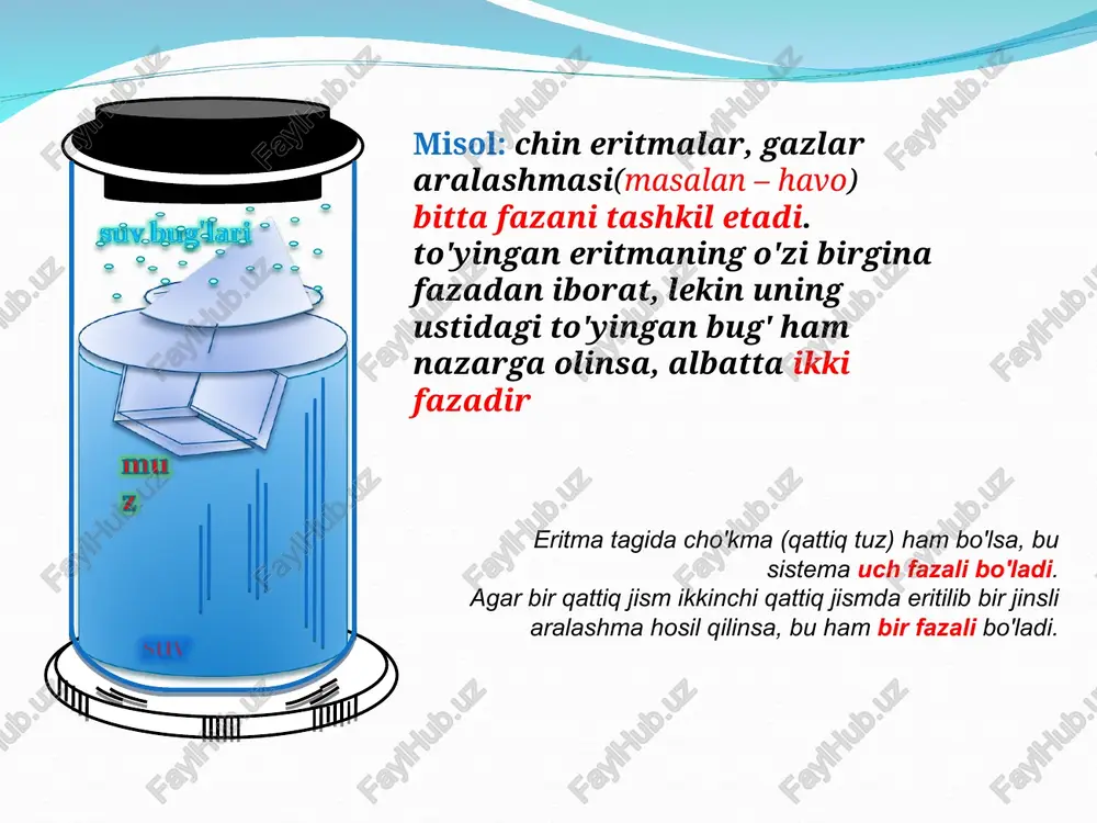 . bunga suyuqlanish, bug'lanish, qaynash, moddaning qattiq holdan gaz holatga o'tishi va xokazolar misol bo'la oladi. ikkita fazadagi moddalarning kimyoviy potensiali uchun ifodalarni yozsak d(1) =-s(1)dt+v(1)dp d(2) =-s(2)dt+v(2)dp muvozanatda d(1)=d(2) bo'lishi kerak. unda yuqoridagi tenglamalardan quyidagini hosil qilamiz sv=dpdt bu erda s=s(2) - s(1); v= v(2)- v(1) qaytar izotermik o'tish jarayonlari uchun s=hf.u./t bo'ladi. bu erda hf.o'. - faza o'tish issiqligi; t - faza o'tish harorati. bu ifodani yuqoridagi tenglamaga qo'ysak dp/dt=hf.o'. /tv klauzius – klapeyron tenglamasi kelib chiqadi. bug'lanish va sublimatlanish jarayonlaridagi fazaviy o'tishlar uchun klauzius –klayperon tenglamasini boshqacharoq ko'rinishda yozish mumkin. bug' xajmi suyuq modda hajmidan ko'p farq qilgani, ya'ni vbug'>>vsuyuq ligidan v= vbug'-vsuyuq tenglamadagi v vbug' deb olinsa katta xato bo'lmaydi. 1 mol ideal gaz yoki bug' uchun vbug' =rt/p bu ifodani yuqoridagi tenglamaga qo'ysak, tenglama quyidagi ko'rinishga keladi. vbug' =rt/p dlnp/dt=hbug'/rt2 bu erda hbug' - molyar bug'lanish issiqligi. uncha katta bo'lmagan haroratlar oralig'ida hbug'ni o'zgarmas deb …