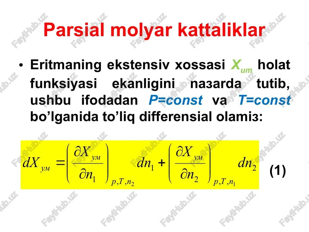 17) (vi.17) tenglamadan ko’rinib turibdiki, xad ning x2 dan bog’liqligi to’g’ri chiziqli, chunki va ( - ) o’zgarmas kattaliklardir. (11) tenglamada x ning x2 ga bog’liqligi to’g’ri chiziqli emas, chunki va koeffisientlar tarkibga qarab o’zgaradi. shuning uchun umumiy holda eritmaning xossasi additiv kattalik emas. parsial molyar kattaliklar (11) va (16) tenglamalardan (18) bu erda -eritma xossasining o’zgarishi (additivlikdan chetlanishi) 1-rasm. parsial molyar kattaliklarni kesmalar usulida aniqlash: a tarkibli (x2) eritma uchun komponentlarning va parsial molyar kattaliklari: v va s nuqtalarda; va -toza holdagi komponentlarning ekstensiv xossalari. deyiladi; -erituvchi parsial molyar xossasining o’zgarishi; -erigan modda parsial molyar xossasining o’zgarishi. parsial molyar kattaliklarni grafik yordamida aniqlash mumkin. 25 parsial molyar kattaliklar parsial molyar kattaliklarni kesmalar usulida aniqlash uchun x=f(x2) bog’liqlik tuziladi. so’ngra biror berilgan a tarkibda egriga urinma o’tkaziladi. ushbu urinmaning ordinata o’qlari bilan kesishgan v va s nuqtalari (x1=1 va x2=1 da) va parsial molyar kattaliklarning qiymatlarini beradi. 26 image1.wmf oleobject1.bin …