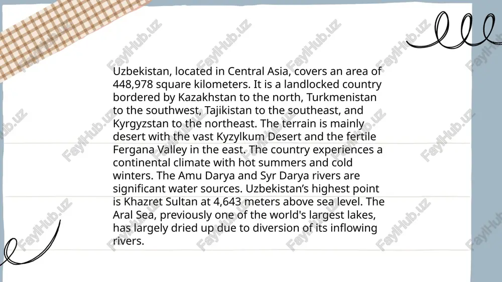 language of the karluk branch, is spoken by about 32 million people worldwide, predominantly in uzbekistan. uzbek literature has deep roots, with classical works from the chagatai period, notably by poets like alisher navoi in the 15th century, who vastly enriched the language with his masterpieces. the soviet era saw a shift to the cyrillic script in 1940 after initial latinization in 1927. post-independence in 1991, uzbekistan revived the latin script, officially adopting it in 1993, with a gradual ongoing full implementation. modern uzbek literature continues to evolve, reflecting the nation's rich cultural heritage and contemporary social issues. all about uzbekistan saydulloyeva farishta thank you for your attention! image1.png image2.png image3.png image4.jpeg image5.png image6.png image7.png economy (note: government of uzbekistan statistics are not consistently reliable, this report relies on unofficial estimates and states cleerly when a figure is an estimate, estimates by intemational financial institutions, also use goverment of uzbekistan …
