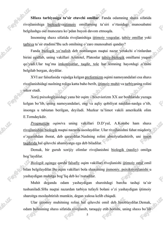 digan tarbiya ham birdek ahamiyatga ega. bu omillarning ta’sirini aniqlashda ilg’or pedagogik olimlar, psixolog va faylasuflar ta’limotiga suyaniladi. falsafada shaxsni jamiyat bilan bog’liq bo’lgan ijtimoiy hayotdagi murakkab voqelik deb qaraladi.ular individning ma’naviy boyligi uning munosabatlariga bog’liq, deb hisoblaydilar. haqiqatdan ham, shaxs mehnat faoliyati zaminida rivojlanadi, kamolga yetadi.inson sharoitni, sharoit esa odamni yaratadi.bu esa o’z navbatida inson faolligini namoyon etadi.zero, shaxs ma’lum ijtimoiy tuzum mahsulidir.jamiyat shaxs kamolotining muayyan imkoniyatlarini ro’yobga chiqarishi yoki yo’q qilishi mumkin. faylasuflar shaxsni tabiatning bir bo’lagi deb baholaydilar.bu insondagi layoqat kurtaklari bo’lib, uning rivojlanishi uchun tarbiya kerak, degan g’oyani ifodalaydi. jamiyat taraqqiyoti shaxs rivojlanishi uchun keng imkoniyatlar yaratadi.demak, shaxs bilan jamiyat o’rtasida ham uzviy aloqa mavjud. shunday qilib, odam shaxsining jamiyatdagi rivojlanishi tabiat, muhit, inson o’rtasidagi murakkab aloqa ta’siri ostida ro’y beradi, inson ularga faol ta’sir etadi va shu yo’l bilan hayoti va o’z tabiatini o’zgartiradi. shaxsga ijtimoiy muhitning ta’siri ham muhim.bu tarbiya tizimi orqali amalga oshiriladi. …