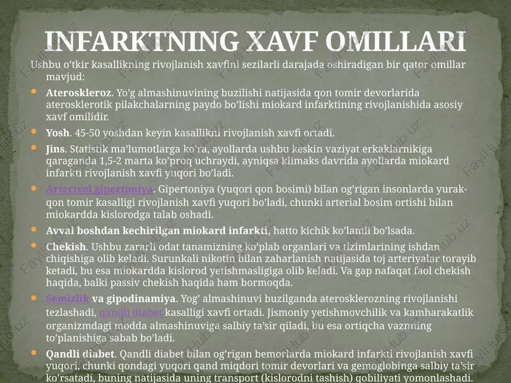 holsizligidan shikoyat qilishi mumkin, hush chigal bo’lishi mumkin. og’riqsiz variant (xira shakli). miokard infarktining bu shakli tashxislashdagi qiyinchiliklarga eng ko’p sababchi bo’ladi. og’riq sindromi umuman kuzatilmasligi mumkin, bemorlar ko’krak qafasidagi noma’lum bezovtalik va haddan tashqari terlashdan shikoyat qilishadi. ko’pincha ushbu kasallik shakli qandli diabet bilan og’rigan bemorlarda uchraydi va juda og’ir kechadi. ba’zan miokard infarkti klinik tasvirida turli kasalliklar alomatlari mavjud bo’ladi va bunday hollarda, afsuski, holat yakuni ko’proq salbiy bo’ladi. miokard infarktining atipik shakllari bemorda miokard infarkti shubha qilinishi mumkin, agarda: ko’krak orqasida kuchli yonish hissi bilan kechadigan og’riq sezilsa, 5-10 daqiqadan ko’proq davom etadi; og’riq vaqt o’tishi bilan, tinch holatga o’tgandan yoki nitroglitserin qabul qilgandan so’ng tinchimaydi; og’riq kuchli holsizlik, ko’ngil aynishi, qusish, bosh og’rig’i va bosh aylanishi bilan birga keladi. agar miokard infarktidan shubha qiladigan bo’lsangiz, darhol tez yordamga qo’ng’iroq qiling va bemorga yordam berishni boshlang. bemorga dastlabki yordam qancha barvaqt berilsa, yakun shuncha ijobiy bo’ladi. yurakka …