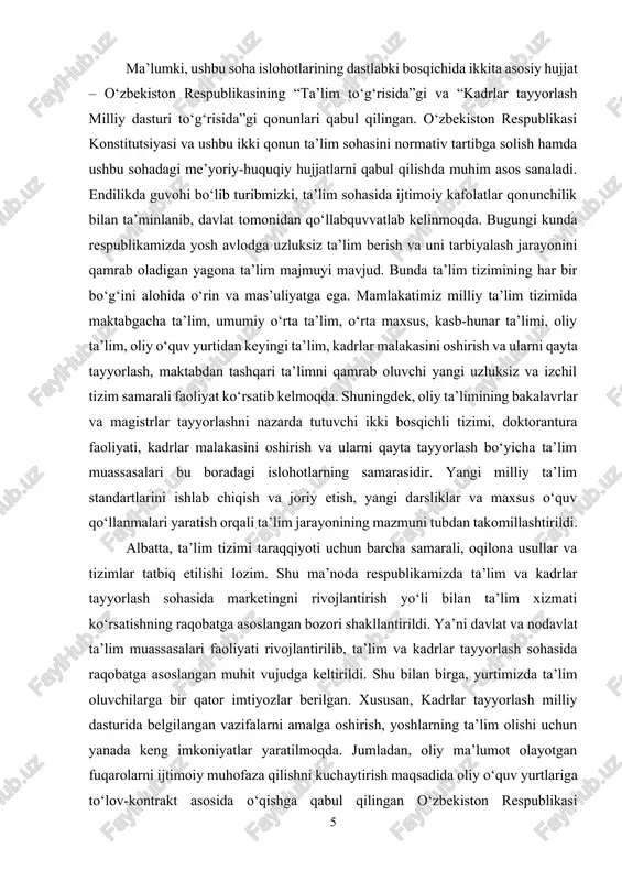 ko‘rsatib kelmoqda. shuningdek, oliy ta’limining bakalavrlar va magistrlar tayyorlashni nazarda tutuvchi ikki bosqichli tizimi, doktorantura faoliyati, kadrlar malakasini oshirish va ularni qayta tayyorlash bo‘yicha ta’lim muassasalari bu boradagi islohotlarning samarasidir. yangi milliy ta’lim standartlarini ishlab chiqish va joriy etish, yangi darsliklar va maxsus o‘quv qo‘llanmalari yaratish orqali ta’lim jarayonining mazmuni tubdan takomillashtirildi. albatta, ta’lim tizimi taraqqiyoti uchun barcha samarali, oqilona usullar va tizimlar tatbiq etilishi lozim. shu ma’noda respublikamizda ta’lim va kadrlar tayyorlash sohasida marketingni rivojlantirish yo‘li bilan ta’lim xizmati ko‘rsatishning raqobatga asoslangan bozori shakllantirildi. ya’ni davlat va nodavlat ta’lim muassasalari faoliyati rivojlantirilib, ta’lim va kadrlar tayyorlash sohasida raqobatga asoslangan muhit vujudga keltirildi. shu bilan birga, yurtimizda ta’lim oluvchilarga bir qator imtiyozlar berilgan. xususan, kadrlar tayyorlash milliy dasturida belgilangan vazifalarni amalga oshirish, yoshlarning ta’lim olishi uchun yanada keng imkoniyatlar yaratilmoqda. jumladan, oliy ma’lumot olayotgan fuqarolarni ijtimoiy muhofaza qilishni kuchaytirish maqsadida oliy o‘quv yurtlariga to‘lov-kontrakt asosida o‘qishga qabul qilingan o‘zbekiston respublikasi …