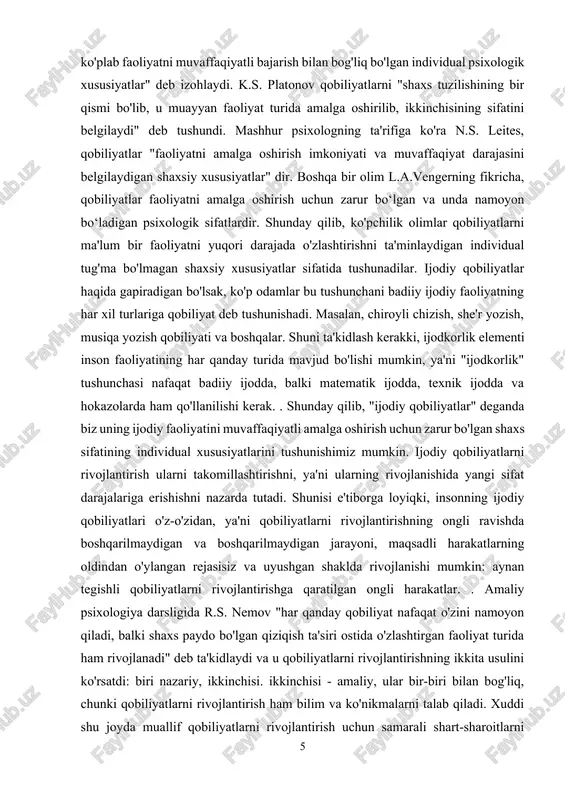 gapiradigan bo'lsak, ko'p odamlar bu tushunchani badiiy ijodiy faoliyatning har xil turlariga qobiliyat deb tushunishadi. masalan, chiroyli chizish, she'r yozish, musiqa yozish qobiliyati va boshqalar. shuni ta'kidlash kerakki, ijodkorlik elementi inson faoliyatining har qanday turida mavjud bo'lishi mumkin, ya'ni "ijodkorlik" tushunchasi nafaqat badiiy ijodda, balki matematik ijodda, texnik ijodda va hokazolarda ham qo'llanilishi kerak. . shunday qilib, "ijodiy qobiliyatlar" deganda biz uning ijodiy faoliyatini muvaffaqiyatli amalga oshirish uchun zarur bo'lgan shaxs sifatining individual xususiyatlarini tushunishimiz mumkin. ijodiy qobiliyatlarni rivojlantirish ularni takomillashtirishni, ya'ni ularning rivojlanishida yangi sifat darajalariga erishishni nazarda tutadi. shunisi e'tiborga loyiqki, insonning ijodiy qobiliyatlari o'z-o'zidan, ya'ni qobiliyatlarni rivojlantirishning ongli ravishda boshqarilmaydigan va boshqarilmaydigan jarayoni, maqsadli harakatlarning oldindan o'ylangan rejasisiz va uyushgan shaklda rivojlanishi mumkin: aynan tegishli qobiliyatlarni rivojlantirishga qaratilgan ongli harakatlar. . amaliy psixologiya darsligida r.s. nemov "har qanday qobiliyat nafaqat o'zini namoyon qiladi, balki shaxs paydo bo'lgan qiziqish ta'siri ostida o'zlashtirgan faoliyat turida ham rivojlanadi" deb ta'kidlaydi …