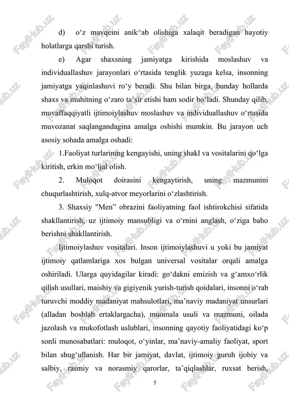 oyaga yetishida va shakllanishi jarayonida u bilan bevosita munosabatda bo‘lgan kishilar muhim o‘rin tutadilar. ularni ijtimoiy pedagogikaga oid adabiyotlarda “ijtimoiylashuv agentlari deb ham nomlanadi. turli yosh davrlarida agentlarning tarkibi turlicha buladi. bolalar va o‘smirlar uchun ota-ona, aka-uka, opa-singillar, qarindoshlari, tengdoshlari, qo‘shnilar agent bo‘lishlari mumkin. yoshlik davriga kelib, agentlar qatoriga turmush o‘rtog‘i va hamkasblari ham qushilishlari mumkin. ijtimoiylashuvdagi tutgan o‘rniga, inson uchun ahamiyatiga qarab agentlar faol ta’sir etuvchi va faol ta’sir ko‘rsatmaydigan agentlarga farqlanadi. ijtimoiylashuv mexanizmlari. insonning ijtimoiylashuvi turli omillar, agentlar bilan hamkorlikda va bir qator mexanizmlar asosida amalga oshadi. fransuz olimi gabriel tard, amerikalik uri bronfenbrener, rus olimlaridan v. s. muxina va a. v. petrovskiylarning tadqiqotlarida ijtimoiylashuv mexanizmlariga turlicha yondashuvlar keltiriladi. mavjud ma’lumotlarning umumlashtirilishi quyidagi mexanizmlarni alohida ajratib ko‘rsatish imkonini beradi: i. p. podlasiy tasnifi bo‘yicha, ijtimoiylashuv mexanizmlari quyidagilardan iborat: bostirish mexanizmi. uning mazmuni muayyan g‘oya, fikr, xohish, istaklarni ongdan chiqarib tashlashdan iborat. bu mexanizmningtashqi va ichki turlari mavjud. ichki …