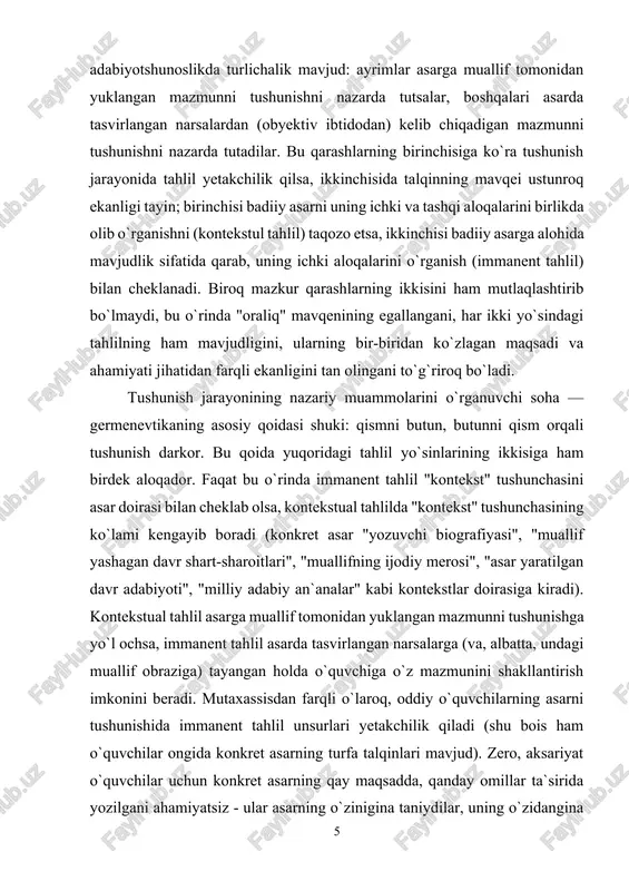 uvchi biografiyasi", "muallif yashagan davr shart-sharoitlari", "muallifning ijodiy merosi", "asar yaratilgan davr adabiyoti", "milliy adabiy an`analar" kabi kontekstlar doirasiga kiradi). kontekstual tahlil asarga muallif tomonidan yuklangan mazmunni tushunishga yo`l ochsa, immanent tahlil asarda tasvirlangan narsalarga (va, albatta, undagi muallif obraziga) tayangan holda o`quvchiga o`z mazmunini shakllantirish imkonini beradi. mutaxassisdan farqli o`laroq, oddiy o`quvchilarning asarni tushunishida immanent tahlil unsurlari yetakchilik qiladi (shu bois ham o`quvchilar ongida konkret asarning turfa talqinlari mavjud). zero, aksariyat o`quvchilar uchun konkret asarning qay maqsadda, qanday omillar ta`sirida yozilgani ahamiyatsiz - ular asarning o`zinigina taniydilar, uning o`zidangina zavq oladilar. aksincha, adabiyotshunos uchun bularning bari muhim, chunki asarni tarixiylik tamoyiliga tayanib, biografik yoxud sotsiologik metodlar (kontekstual tahlil) asosida tekshirib chiqarilgan xulosalar adabiy-nazariy tafakkur rivojida hal qiluvchi ahamiyat kasb etadi. ular, tabiiyki, badiiy adabiyot rivoji hamda badiiy did tarbiyasiga faqat bilvosita ta`sir qiladilar, bu xil xulosalar bilan badiiy didga bevosita ta`sir qilishga urinish esa adabiyotga faqat ziyon keltiradi. demak, …
