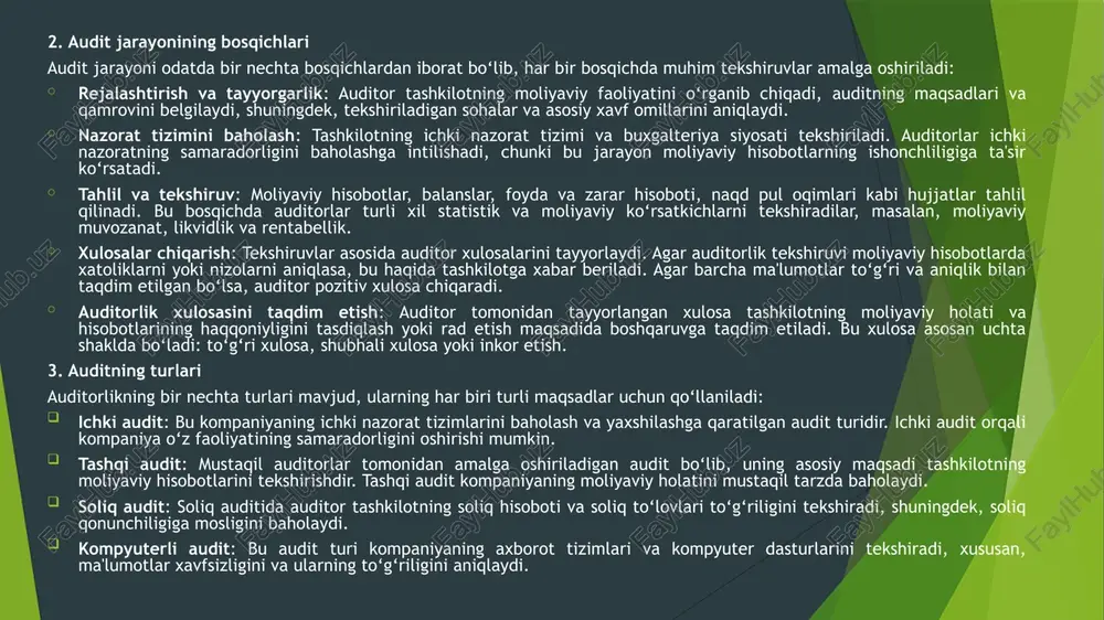lash va uni takomillashtirish, tashkilotning moliyaviy holati va boshqaruv samaradorligini yaxshilashga yordam beradi. ichki nazorat tizimining maqsadlariichki nazorat tizimi kompaniyaning umumiy strategiyasiga mos keladigan va uning maqsadlariga erishishni ta'minlaydigan tizimni yaratishni ko‘zda tutadi. uning asosiy maqsadlari quyidagilarni o‘z ichiga oladi: xatoliklar va firibgarliklarning oldini olish: ichki nazorat tizimi tashkilotning moliyaviy operatsiyalaridagi xatoliklar va firibgarliklarni aniqlash va ularning oldini olishga yordam beradi. resurslarning samarali ishlatilishi: tashkilot resurslarini samarali va optimal tarzda boshqarish va sarflanishini ta'minlash himoya va xavfsizlik: aktivlar va resurslarni himoya qilish, shuningdek, ma'lumotlar xavfsizligini ta'minlash. moliyaviy hisobotlarning haqqoniyligi: moliyaviy hisobotlarni aniqlik va haqqoniylik nuqtai nazaridan baholash, bu orqali tashkilotning ishonchli hisoboti tayyorlanadi. me'yorlar va qonunchilikka rioya qilish: tashkilotning faoliyatini qonun va me'yorlarga mos ravishda yuritish. 2. ichki nazorat tizimini baholashning bosqichlari ichki nazorat tizimini baholash jarayoni bir necha bosqichdan iborat bo‘lib, har bir bosqichda tizimning samaradorligi va ishonchliligi tahlil qilinadi: nazorat tizimini tahlil qilish: tizimning mavjud holatini tahlil qilish …