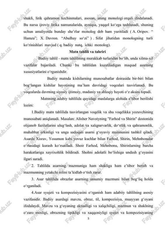 ifasidir. badiiy asardagi mavzu, obraz, til, kompozisiya, muayyan g‘oyani ifodalaydi. mavzu va g‘oyaning aktualligi va xalqchiligi, mazmun va shaklning o‘zaro mosligi, obrazning tipikligi va xaqqoniyligi syujet va kompozisiyaning pishiqligi, badiiy tilning tasviriyligi va ekspressivligi adabiy tahlil jarayonida aniqlanadi. matn tahlilida tahlilning yuqoridagi u yoki bu turidan foydalaniladi. matnni sharhlash so‘z va so‘z shakllari badiiy tasvir vositlarining asar g‘oyaviy va estetik mazmunini oshirishdagi roli izohlanadi. matnni sharxlashda lingvistik aspekt asosiy o‘rinni egallaydi. u traditsion adabiiy tahlilda ham yetakchi sanaladi, chunki u matnning estetik strukturasi va badiiy tasvir vositlarini o‘rganishga ko‘maklashadi. badiiy matn murakkab va ko‘p qatlamdir. uni tahlil qilishdan maqsad- ijodkor o‘ylagan ma’no va ichki kechinmalarni maksimum holda payqab olishdir. ijodkorni o‘ylagan narsasi faqat badiiy asar orqali namoyon bo‘ladi. matn mazmunining qisqacha bayoni (rezyume) rezyume fransuzcha “résumé” so'zidan kelib chiqqan va sodda qilib aytganda qisqacha izoh ma’nosini bildiradi. rezyume ishga topshirayotgan inson to'g'risida ma’lumotni taqdim etadi, ya’ni uning ismi, ma’lumot darajasi, …