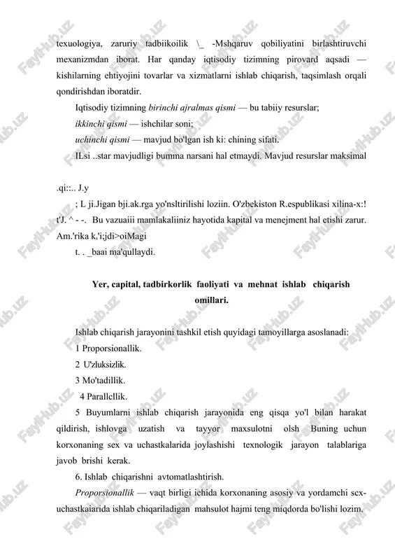 igi eng kam miqdorini ta'minlash. ishlab chiqarish davri xomashyo materiallari ishlab chiqarishga kiritilgandan to tayyor mahsulot bo'lib chiqqungacha ketgan vaqt uzunligi. ishlab chiqarish davri qancha kam to'isa, unumdorlik shuncha yuqori bo'iadi. mehnat sarfining me'yori ma'lum vaqt oralig'ida ishlab chiqarilgan mahsulot yoki shu hajmdagi mahsulotni nlab chiqarish uchun ketgan vaqt. demak, ishlab chiqarish davrining kamayishi mehnatning tejalishi hisoblanadi. ishlab chiqarish davri texnologik jarayonlar davridan va tanaffuslar davridan iborat. ishlab chiqarish davrining uzunligi quyidagi umumiy formula asosida topiladi: bu yerda, tum — >h!ab chiqarish davrining umumiy uzunligi, soat, min; ttexn — texnologik jarayonlar uzunligi; tlu/, — tabiiy arayonlar uzunligi; tnj— nazorat etish jarayoni uzunligi; t/r — transport operatsiyalari uzunligi. bu vaqtlar texnologik jarayonlar davri, deb yuritiladi: topa — buyumlarni smenalar operatsiyalar o’rtasida turib qolishi vaqti; tsma - smenalararo turib qolish vaqti; i — operatsiyalar va tu...ix;.h.ir ishlab chiqarish davrining uzunligi buyumlar, detallar, uzellarga (mahsulot bo'lakkaiva) i: hiov •vrliii usuliga bog'liq. buyumlarga ishlov …