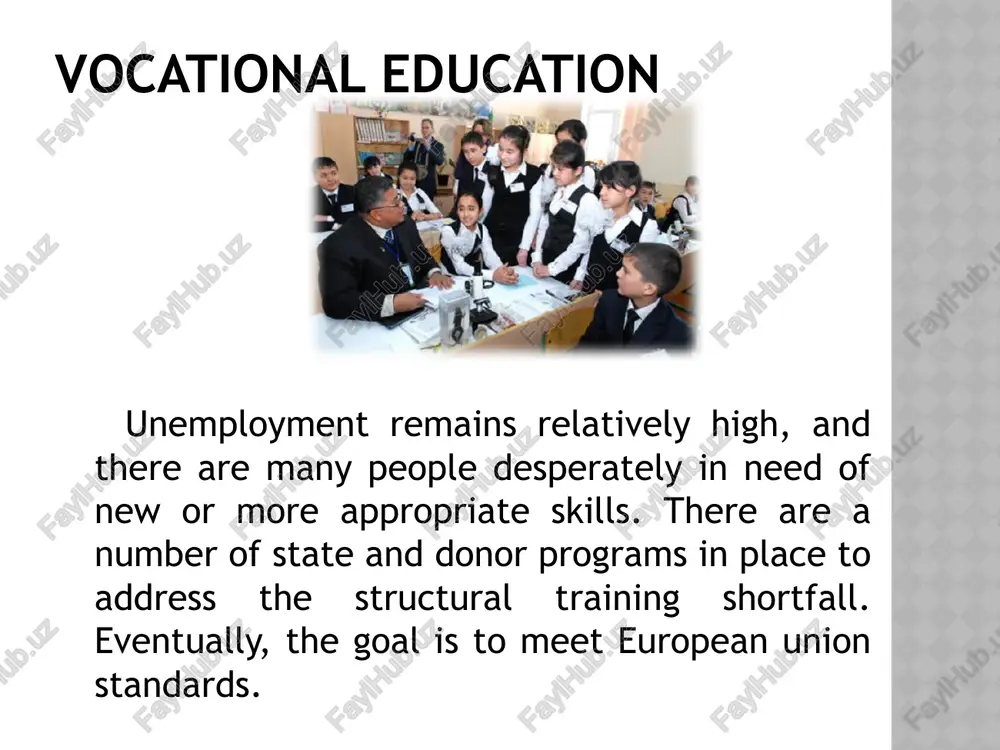 of the sphere of education in social-economic and spiritual-cultural development of the country was stated in this law. main directions of educational policy, structure and system of administration, rights and obligations of participants of education were defined in this document. “the institute for problems of higher and secondary school” set up on the basis of the resolution of the government of 1995 considered to be the basic research organization dealing with the development of perspectives of the development of higher and secondary specialised education, which developed its content and regulative-methodical documents. www.arxiv.uz www.arxiv.uz on the initiative of the ministry of higher and secondary specialised education the creative group to develop the complex republican programme on the development of higher education was formed in 1996. this group, on the basis of analysis of local and foreign experience, as well as the tendency of the development of higher education, worked out the …