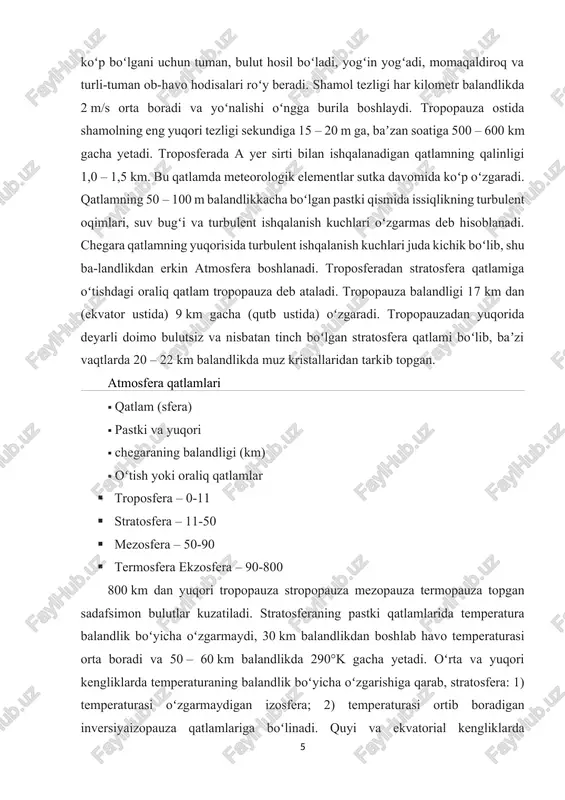 tiladi. stratosferaning pastki qatlamlarida temperatura balandlik boʻyicha oʻzgarmaydi, 30 km balandlikdan boshlab havo temperaturasi orta boradi va 50 – 60 km balandlikda 290°k gacha yetadi. oʻrta va yuqori kengliklarda temperaturaning balandlik boʻyicha oʻzgarishiga qarab, stratosfera: 1) temperaturasi oʻzgarmaydigan izosfera; 2) temperaturasi ortib boradigan inversiyaizopauza qatlamlariga boʻlinadi. quyi va ekvatorial kengliklarda stratosfera odatda inversiyadan boshlanadi. meridian boʻyicha havo koʻchishining kuchayishi (stratosferaning muhim xossasi) yer yarim sharlari orasidagi havo almashinuviga yordam beradi. taxminan 80 –90 km balandlikda temperatura 190°k gacha pasaya boradi. 50 – 90 km balandlik oraligʻidagi atmosfera qatlami mezosfera deb yuritiladi. mezosferaning 82 – 85 km balandligida yoz vaqtlarda kumushsimon bulutlar kuzatiladi. mezosferada havo tarkibi troposfera va stratosfera qatlamlaridagi kabi aralash gazlardan iborat. mezosferada fotokimyoviy jarayonlar katta rol oʻynaydi. quyoshning qisqa toʻlqinli radiatsiyasi taʼsirida faol harakatchan atom va molekulalar hosil boʻladi. 90 km dan yuqorida termosfera qatlami boshlanib, temperatura tez koʻtarila boradi. temperaturaning koʻtarilish darajasi qisqa toʻlqinli quyosh radiatsiyasining yutilish …