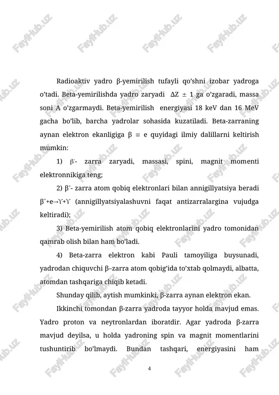 rgiyasi massasi bilan quyidagicha bog’langan (5.4) - energiyasi uchun veytszekker formulasi orqali ifodasini keltirib qo’ysak (5.5) (5.5) ifodadan ko’rinib turibdiki, yadro massasi m yadro zaryadi z2 –bog’lanishda bo’lib, grafigi parabola chizig’ini beradi. izobar yadrolar a=const ichida β-turg’unlik sharti bog’lanish energiyasining maksimum, massasining eng minimum qiymatiga mos keladi. shuning uchun (5.5) ifodani a=const deb o’zgaruvchi z ga nisbatan m ning maksimum qiymatini olish lozim, buning uchun (5.5) dan z bo’yicha hosilasini olib, ekstrum qiymatini topamiz. (5.5) ifodada 5 va 6 hadlar (kulon va simmetriklik energiyalariga mos keluvchi) z ga bog’liq hosila olsak a ga ko’paytirsak (5.6) (=0,710 mev, (=23,7 mev qiymatini e'tiborga olsak (5.6) ifoda (5.7) (5.7) ifoda β-turg’unlik shartini ifodalaydi. z=zm muvozanat zaryad deb ataladi. a sonli izobarlarda zaryadi z > zm bo’lsa, bu yadrolarda protonlar ortiq bo’lib, neytron noyob yadrolar hisoblanadi, bu yadrolar r(n+β+, β- yoki eq yo’li bilan zaryadini kamaytirib muvozanatga intilsa, z ( zm yadrolarda esa neytronlar …