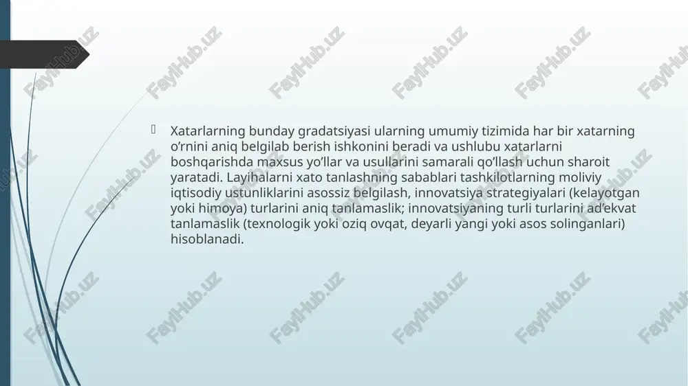 hqa korxona va tashkilotlarga o’tkazish, masalan venchur (xatarli), bunda ular omadsizlik holatida yo’qotishlar qismini o‘ziga oladi. xatarlarni kamaytirish yo‘llariga bevosita korxonalarda, ayniqsa faoliyati turli xatarlarga ega bo‘lsa, tabiiy va mablag‘li sug‘urta fondlarini tashkil etishni nazarda tutadigan o‘zini sug‘urtalash kiradi. xatarni minimallashtirishning keng tarqalgan usullaridan biri – bu sug‘urtalash bo‘lib, u sug‘urtali holatlar paydo bo‘lganda korxona (firma)larning mol mulkli qiziqishlarini himoya qilishni, sug‘urta tulovlaridan shakllanadaigan, ehtimolli zararlarni qoplash uchun mablag‘li fondlarni yaratishni namoyon etadi. ba’zida qayta sug‘urtalash qo’llaniladi. tarqalish xatarni kamaytirishning nisbatan yangi yo‘lini oladi – bu qarshi ishlab chiqarish, ilmiy–texnik, tijorat, valyuta talablari va majburiyatlarini yaratilishini bildiradigan xedjitlash. xatar, murakkab va ko‘p jihatli bo‘lib, barcha ilmiy – texnik, ishlab chiqarish va moliyaviy boshqaruv qarorlarni qabul qilish asosida yotadi. axir hatto yaxshi iqtisodiy o’sish sharoitida ham har bir korxona uchun (mulk shakli va uning moliyaviy holatidan qat’iy nazar) doimo nomaqbul voqealar, inqiroziy holatlar kelish ehtimoli saqlanib turadi. bunday imkoniyatlar doimo xatar …