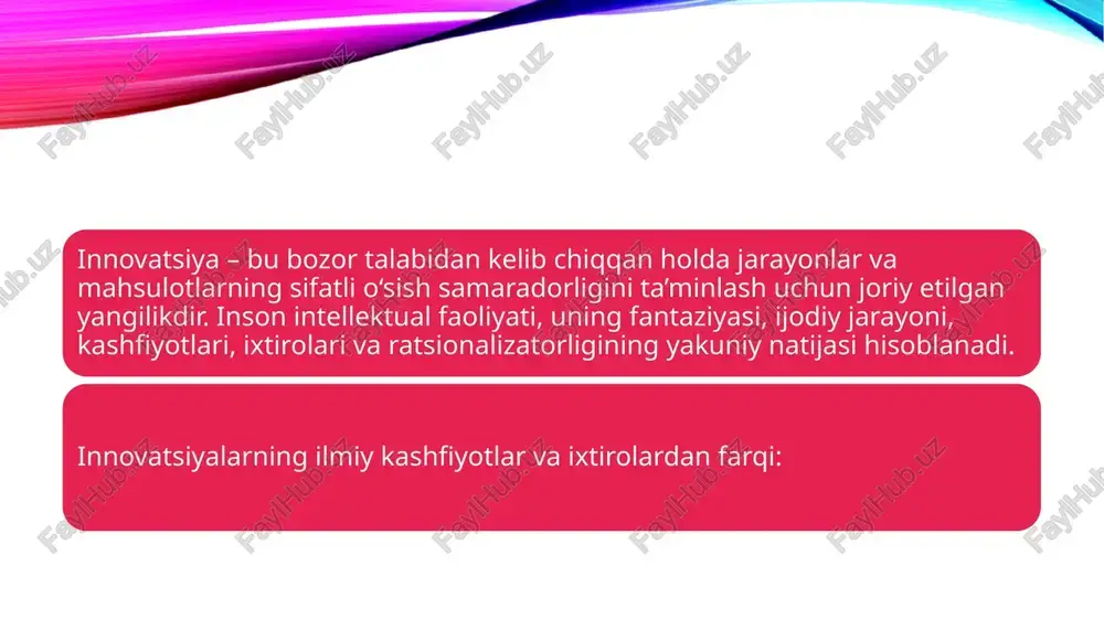 i samarali ishlab chiqarishni olish; ishlab chiqarishni tayyorlash va tashkil etish, yangi mahsulotni ishlab chiqarish yoki yangi texnologik jarayonni qoʻllash uchun zarur boʻlgan ishlab chiqarish va sifat nazorati taomillari, usullari va standartlaridagi oʻzgarishlar; jarayon innovatsiyalari: ishlab chiqarishni loyihalash, ishlab chiqarishning yangi usullari, yangi ishlab chiqarish jarayonlari, shu jumladan rejalar va chizmalarni, texnik spetsifikatsiyalar va boshqalar dizayni va ishlab chiqish; tashkiliy yangiliklar — menejment tizimini takomillashtirish; amalga oshirilgan texnologiyalar — oʻz texnologik maqsadiga koʻra texnologik va boshqa innovatsiyalarni joriy etish bilan bogʻliq boʻlgan mashina va uskunalar sotib olish; ixtirolar, sanoat namunalari, foydali modellardan foydalanish, nou-xauni oshkor qilish, shuningdek texnologik mazmundagi xizmatlardan foydalanish uchun patent, litsenziyalar (shartnomalar) shaklidagi amalga oshirilmagan texnologiyalarni xarid qilish; texnologik innovatsiyalarni amalga oshirish bilan bogʻliq dasturiy vositalarni xarid qilish; xodimlarni oʻqitish, tayyorlash va qayta tayyorlash; marketing innovatsiyalari — mahsulotlar dizayni va qadogʻidagi muhim oʻzgarishlarni oʻz ichiga olgan yangi yoki sezilarli darajada yaxshilangan marketing usullarini amalga oshirish, mahsulot (xizmatlar) …