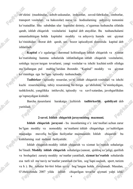 chiqarish jarayoni → natija: tovar va xizmatlar ↓ ↓ ↓ kapital ishlab chiqarish vositalari va ishchi kuchi qiymati → qiymatlarning o’sish jarayoni → sarflangan va qo’shilgan qiymat tovar va xizmatlar nafligi va qiymatining yaratilishida ishlab chiqarish omillarining rolini chizmada tasvirlaymiz. yaratilgan tovar va xizmatlar ↓ ↓ naflilikni yaratilishida qatnashadi. qiymatni tashkil topishida qatnashadi. ↓ ↓ ↓ ↓ yer kapital ishchi kuchi mehnati mehnat ↓ ↓ aniq mehnat bilan o’tkazilgan ishlab chiqarish vositalari qiymati abstrakt mehnat bilan yaratilgan yangi qiymat 3-savol. ishlab chiqarishning umumiy va pirovard natijalari ma‘lumki, ishlab chiqarish ijtimoiy bo’lib, barcha resurslar harakatga keltiriladi, natijada juda kup turdagi tovarlar va xizmatlar yaratiladi, ularni barcha massasi yalpi ijtimoiy mahsulotni hosil qiladi. jami tovarlar va xizmatlar, ya‘ni milliy mahsulotning yil davomidagi yig’indisi mamlakat bo’yicha ishlab chiqarishning umumiy natijasi deyiladi. mamlakatda yil davomida yaratilgan milliy mahsulot natural jihatdan uch qismdan iborat bo’ladi: ishlab chiqarish vositalari, iste‘mol buyumlari va turli xildagi xizmatlardan iborat. …