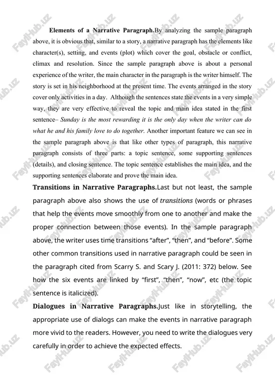 ransitions “after”, “then”, and “before”. some other common transitions used in narrative paragraph could be seen in the paragraph cited from scarry s. and scary j. (2011: 372) below. see how the six events are linked by “first”, “then”, “now”, etc (the topic sentence is italicized). dialogues in narrative paragraphs.just like in storytelling, the appropriate use of dialogs can make the events in narrative paragraph more vivid to the readers. however, you need to write the dialogues very carefully in order to achieve the expected effects. list of used literature 1.karimov i.a. o`zbekiston buyuk kelajak sari toshkent, o`zbekiston 1998 yil 2.karimov i.a. yuksak manaviyat yengilmas kuch toshkent 2008 yil 3.o`zbekiston respublikasi ―talim to`g`risidagi‖qonuni marifat gazetasi 1997 yil 1-oktiyabr. 4.m.rasulova maktabgacha yoshdagi bolalar talim-tarbiyasiga qo`yiladigan davlat talablari toshkent 2000 yil 5. michael mc carty. vocabulary matrix understanding, learning, teaching. 2010. 6. golovin b. n. “kak govorit pravilno” 1966: 91. 3. merkureva …