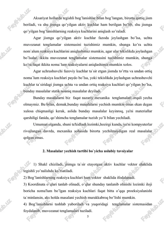 htabda ixtiyoriy d nuqtada kuchni o’ziga parallel ravishda o’tkazamiz (1.1, b-shakl). kuchning boshi d va uchidagi nuqtalardan ac va bc sterjenlarga parallel chiziqlar o’tkazamiz. bu chiziqlarning kesishgan nuqtasini k bilan belgilasak, hosil bo’lgan dek uchburchak izlanayotgan yopiq kuch uchburchagini ifodalaydi. bunda kd va ke vektorlar mos ravishda reaksiya kuchlarini ifodalaydi. dek uchburchakning kd va ke tomonlarini berilgan masshtab birligida o’lchab, kuchlarning modullarini aniqlaymiz. larni dek uchburchakdan trigonometrik yo’l bilan ham aniqlash mumkin. haqiqatan ham, yasashga ko’ra bo’lgani uchun, binobarin to’g’ri burchakli burchakdan munosabatlarni olamiz. lar ac va cb sterjenlarning c sharnirga ta'sir kuchini, ya'ni mazkur sterjenlarning reaksiya kuchlarini ifodalaydi. sterjenlardagi zo’riqishlarni topish uchun sterjenlarning siqilish yoki cho`zilishini aniqlaymiz. agar reaksiya kuchi c sharnirdan sterjen bo’ylab yo`nalsa, sterjen cho`ziladi; reaksiya kuchi c sharnirga yo`nalsa, sterjen siqiladi. buni nazarda tutib, topilgan kuchlarni s sharnirga qo`ysak, (1.1 v-shakl), ac sterjen cho`zilishi va cb sterjen siqilishini ko`ramiz. shu sababli 1.2-masala bir-biriga tik bo‘lgan ikkita …