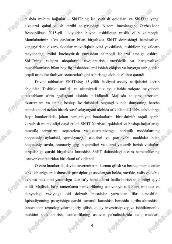 niy aylanishi, qurol-yarog‘, o‘q-dori va portlovchi moddalar bilan noqonuniy savdo, ommaviy qirg‘in qurollari va ularni yetkazib berish vositalari tarqalishiga qarshi birgalikda kurashish shht doirasidagi o‘zaro hamkorlikning ustuvor vazifalaridan biri ekani ta’kidlandi. o‘zaro hamkorlik, davlat suverenitetini hurmat qilish va boshqa mamlakatlar ichki ishlariga aralashmaslik prinsiplariga asoslangan holda, xavfsiz, xolis va ochiq axborot makonini yaratishga doir sa’y-harakatlarni faollashtirish muhimligi qayd etildi. majlisda ko‘p tomonlama hamkorlikning ustuvor yo‘nalishlari, mintaqa va dunyodagi vaziyatga oid dolzarb masalalar yuzasidan fikr almashildi. iqtisodiyotning pasayishiga qarshi samarali kurashish borasida tajriba almashish, innovatsion texnologiyalarni joriy qilish, qulay investitsiyaviy va ishbilarmonlik muhitini shakllantirish, hamkorlikning ustuvor yo‘nalishlarida uzoq muddatli o‘zaro manfaatli loyihalarni amalga oshirish va infratuzilmani rivojlantirish zarurligi ta’kidlandi. majlisda transport kommunikatsiyalari, energetika, madaniyat, turizm va boshqa sohalardagi hamkorlikni rivojlantirish masalalariga ham alohida e’tibor qaratildi. davlat rahbarlari kengashining kengaytirilgan tarkibdagi majlisida kuzatuvchi maqomidagi mamlakatlar delegatsiyalari rahbarlari – afg‘oniston islom respublikasi prezidenti ashraf g‘ani, belarus respublikasi prezidenti aleksandr lukashenko, hindiston respublikasi bosh …