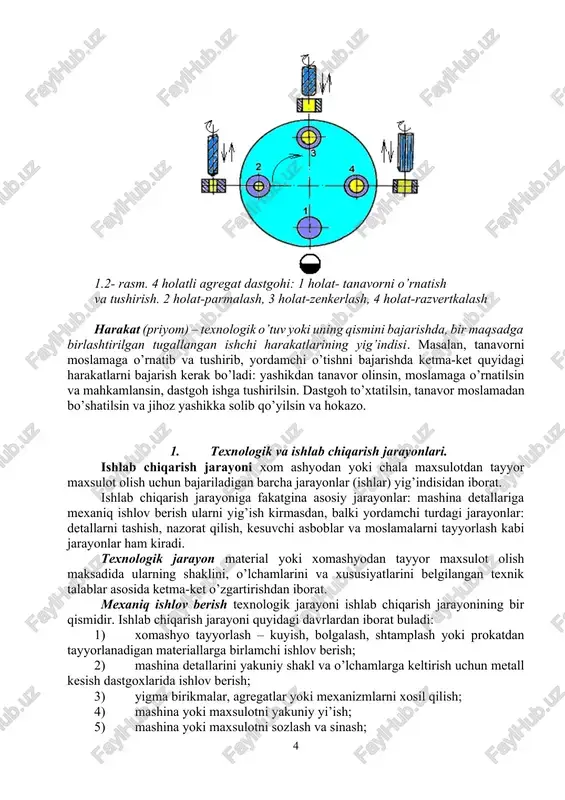 g moslamaga o’zgarishsiz mahkamlangan holatiga tushuniladi. texnologik amallar, bir yoki bir necha o’rnatuvlarda bajarilishi mumkin. masalan: tokarlik dastgohida po’lat valikni uch quloqli patronga o’rnatib bitta tarafiga ishlov berib bo’lgandan keyin uni bo’shatib, birinchi ishlov berilgan tomoni bilan uch quloqli patronga qaytadan o’rnatib, ikkinchi tomoniga ishlov berilib, ta tugatilsa, ta ikkita o’rnatuvda bajarilgan hisoblanadi va h.k. yo’ni, ta bitta, ikkita va birnecha o’rnatuvlarda bajarilishi mumkin. ishchi joy – mehnat predmetlari joylashgan korxona strukturasining elementar bo’lagi (u erda ishni bajaruvchilar, ular tomonidan ishlatiluvchi texnologik asbob-uskunalar, konveyerning qismi, vaqtinchalik uskunalar, yuk ko’taruvchi kranlar joylashtiriladi), 1.1–rasmga qarang (gost 14.004–83). 1.1-rasm. ishchi joy sxemasi: a)- tokarni; b)- chilangarni. 1-dastgoh (verstak), 2-asbob-uskuna shkafi, 3- ishchi, 4- tahta panjara, 5- stol, 6-yashik, 7-shkaf, 8-kran. holat (pozitsiya) deb, – moslamaga o’zgarishsiz mahkamlangan ishlov beriluvchi tanavor yoki yig’iluvchi yig’ma birlikning moslama bilan birgalikda, keskich asbobga yoki dastgohning biron qo’zg’olmas qismiga nisbatan egallagan, o’rniga aytiladi. holat asosan: to’xtab–to’xtab aylanuvchi holatli …