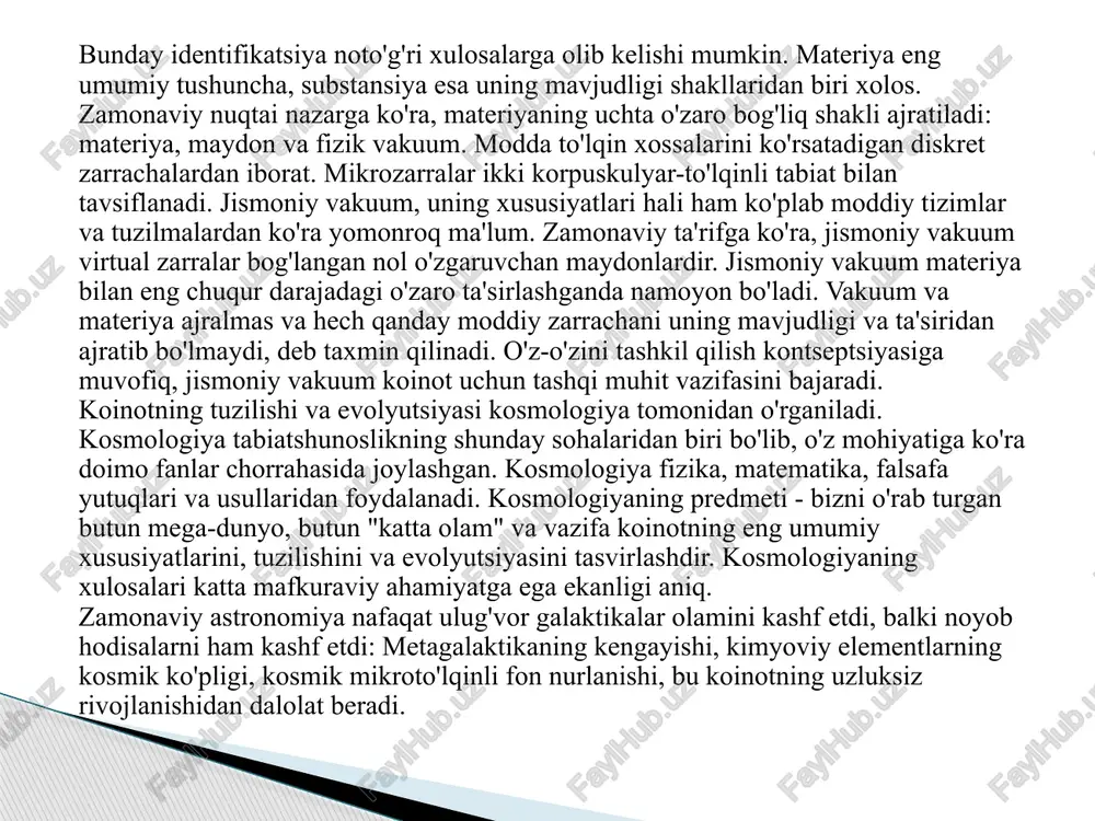 ing galaktikamizga kiradi, yulduzlarning asosiy qismini biz somon yo'li shaklida kuzatamiz. yulduzlar va sayyoralardan tashqari, galaktikada juda ko'p miqdorda kam uchraydigan gazlar va kosmik chang mavjud. olam cheklimi yoki cheksizmi, uning geometriyasi qanday - bu va boshqa ko'plab savollar koinotning evolyutsiyasi, xususan, kuzatilgan kengayishi bilan bog'liq. agar hozirda taxmin qilinganidek, galaktikalarning "kengayish" tezligi har million parsek uchun 75 km / s ga oshsa, o'tmishga ekstrapolyatsiya hayratlanarli natijaga olib keladi: taxminan 10 - 20 milliard yil oldin, butun koinot juda kichik hududda jamlangan. ko'pgina olimlarning fikricha, o'sha paytda koinotning zichligi atom yadrosi bilan bir xil edi. oddiy qilib aytganda, koinot o'sha paytda bitta ulkan "yadro tomchisi" edi. negadir bu “tomchi” beqaror holatga kelib, portlab ketdi. bu jarayon katta portlash deb ataladi. koinotning paydo bo'lish vaqtini hisoblash bilan, biz kuzatgan galaktikalarning kengayishi surati hozir bir xil tezlikda va o'zboshimchalik bilan uzoq o'tmishda sodir bo'lgan deb taxmin qilingan. va birlamchi olam gipotezasi aynan …