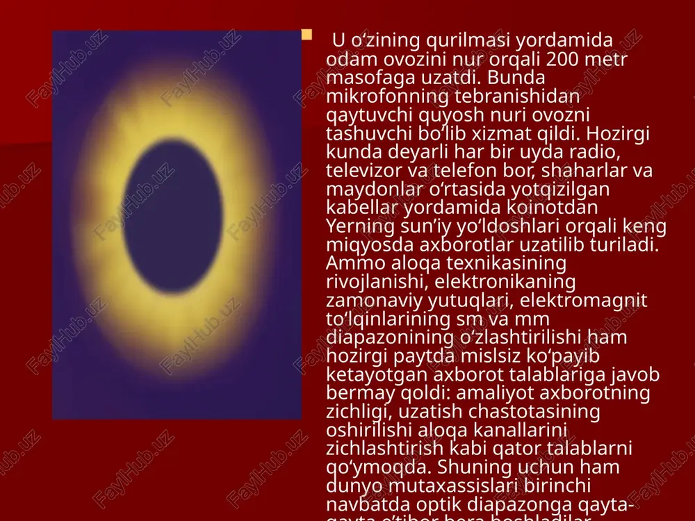 imal bo‘lishi zarur, chunki optik aloqa liniyalari (1-100) km masofalarga cho‘zilishi mumkin. buning uchun ularning yutish koeffisiyenti qq01-1db/km bo‘lishi kerak. bunday katta talabga faqat a'lo sifatli optik shishalar, ayniqsa shishasimon kvarslar javob beradi. kvars boshqa shishalardan o‘zining bir jinsliligi va nurning relecha sochilish koeffisiyenti kichikligi bilan ajraladi. foydalanilgan adabiyotlar v. l. accyp., a. m. filatov. praktikum po geodezii. m., „nedra“, 1995. d. o. jo‘rayev. geodeziya. t., ,,0‘zbekiston“, 2006. i. f. kushtin. geodeziya. m., „prior“, 2001. a. v. maslov., g. a. batkarov. geodeziya. m., „nedra“, 1980. n. muborakov., s. ahmedov. geodeziya va kartografiya. t., ,,0‘qituvchi“, 2002. image1.jpeg image2.png image3.jpeg image4.jpeg image5.jpeg image6.jpeg image7.wmf image8.jpeg image9.jpeg image10.wmf image11.jpeg image12.jpeg image13.jpeg pactpoctpahehue cbeta ___cbetobonm jiyy - yaknii ny4ok cbeta cuntath hepacxonalunmca toyeyhbim uctouhmk cbeta - pasmepbi manbi no cpashehitio c pasmepamn ocbelijaemoro tena m pacctoshuem fo hero 3akoh np amonmhemhofo pacnpoctpahehma cbeta b odhopodholi cpede caem pacnpocmparinemca npamosuhetiho conheyhoe 3atmehme ayhhoe 3atmehme an …
