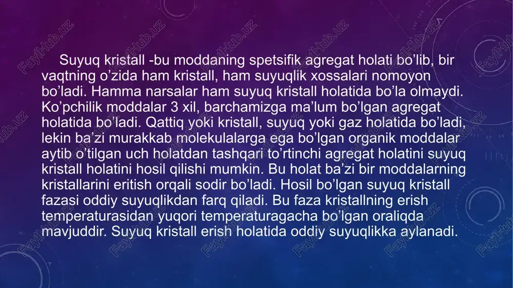 siy maqsadi bo’ganligi uchun delphi dasturi yordamida laboratoriya ishi natijalari, ularga bog’liq eksperimental jadval, topshiriqlar tizimiv grafiklar tayyorlandi. turli chastotalarda olingan natijalar quyidagi formula yordamida avtomatik hisoblanib unga tegishli jadval va grafiklar chizilda. laboratoriyaishi taqdim etilgan talabalarda kompyuer yordamida eksperimentalnatijalarni tez va aniqhisoblashnishakllantirish metodikasi, ularning bilim sifatini oshirish, mustaqil ishlash faoliyatlarini tashkil qilish nuqtai nazaridan maqsadga muvofiq deb topildi.demak, taklif qilinayotgan laboratoriya topshiriqlari tizimini avtomatlashtirish va uni o’tkazish14metodikasi an’anaviy laboratoriya ishlari va ularni o’tkazish metodikaga nisbatan samarador ekan.suyuq kritallarning qullanilishisuyuq kristallar hayotimizda ko’pgina samonaviy uskuna va qurilmalar bu moddalar yordamida ishlaydi. masalan soatlar, termometrlar displeylar, monetorlar va boshqa qurilmalar. xo’sh nima ekan bu suyuq kristallar hamda nega ularning ahamiyati qiziqish hosil qilyapdi? hozirgi kunda ilm ishlab chiqaruvchi kuchga aylandi va shuning uchun u yoki bu ob’yekt va hodisaga bo’lgan yuqori ilmiy qiziqishimiz va ob’yekt yoki hodisa xomashyo ishlab chiqarish uchun qiziqish uyg’otishini anglatadi. bundan suyuq kristallar ham mustasno emas ularga …
